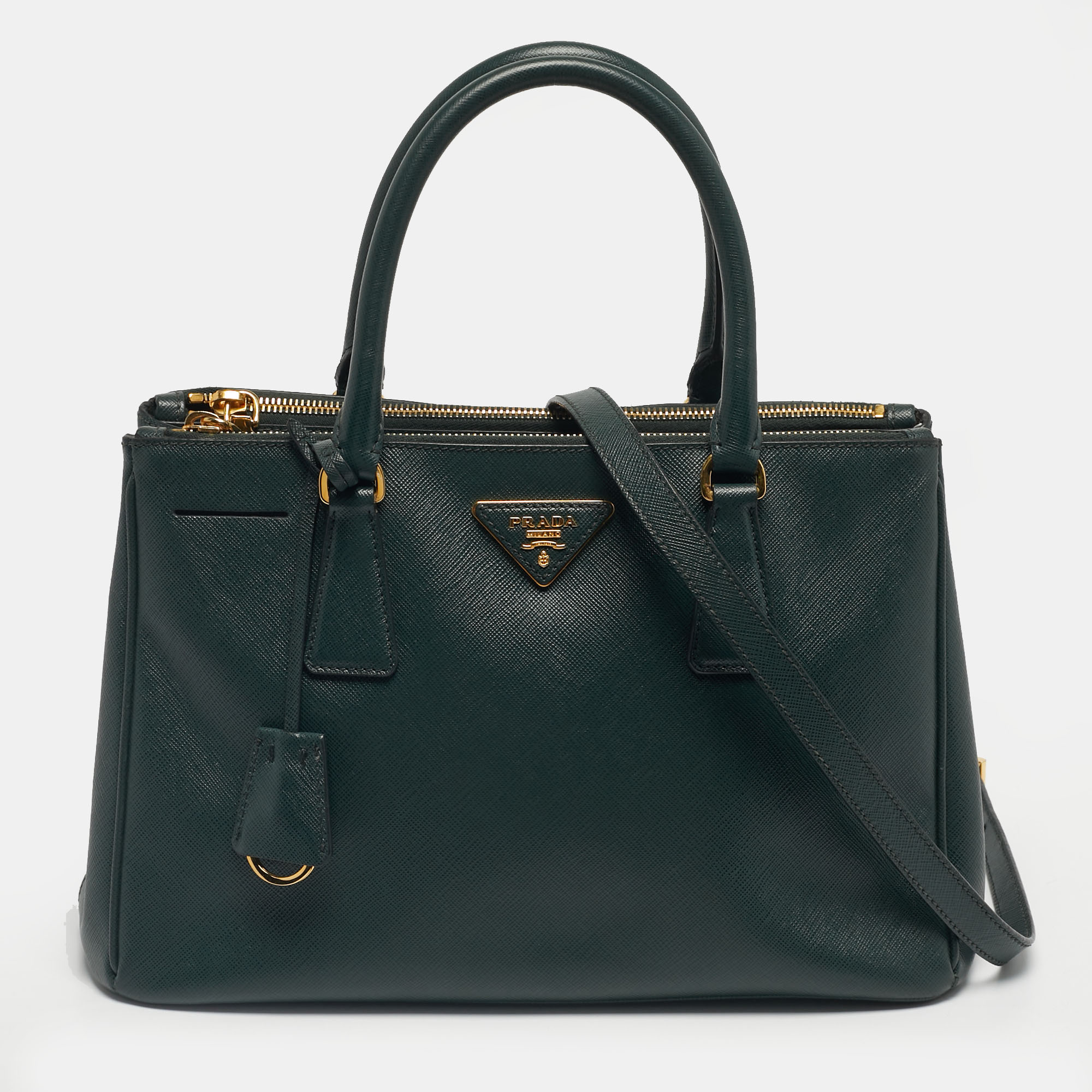 Pre-owned Prada Green Saffiano Lux Leather Small Galleria Double Zip Tote