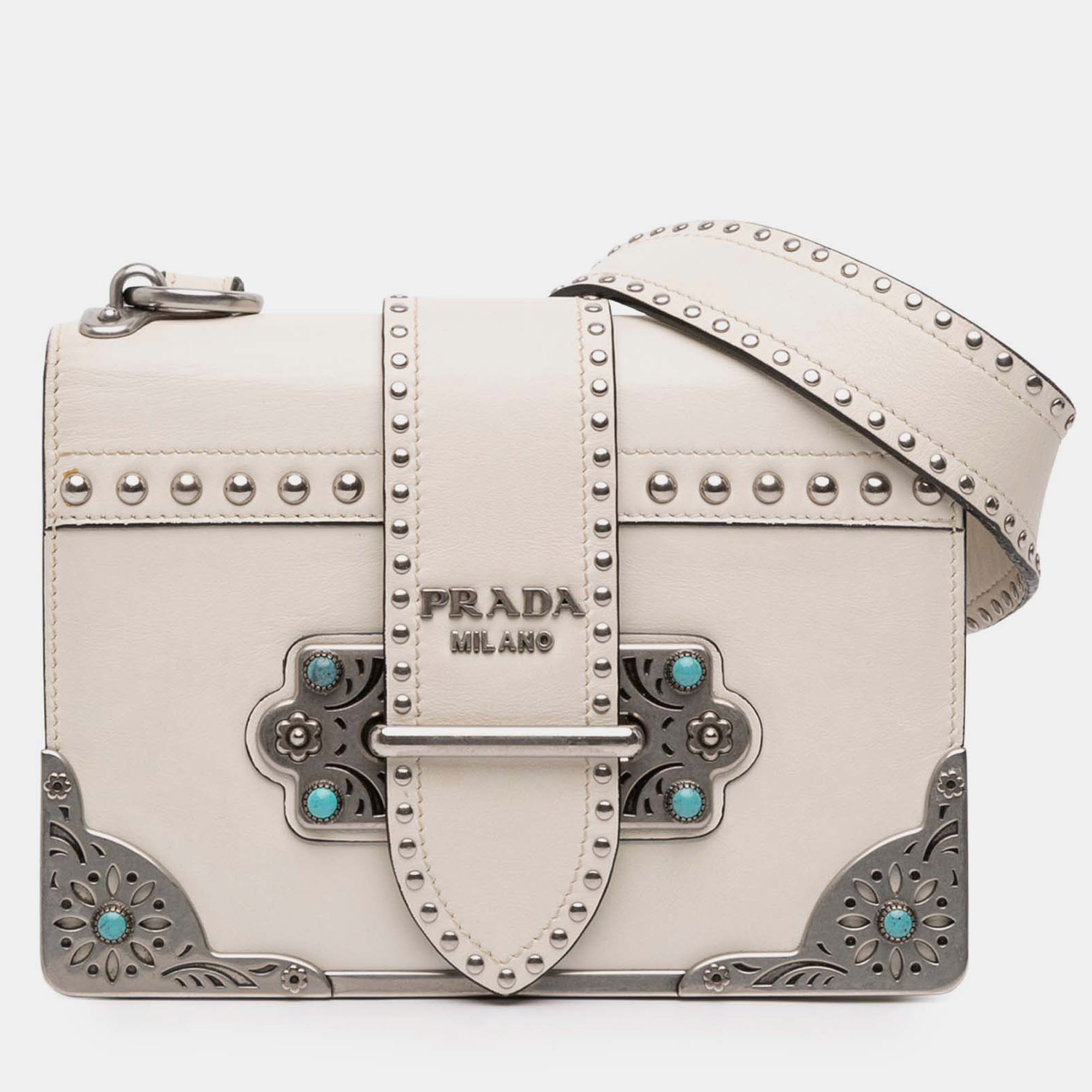 

Prada Cahier Studded Folk City Calfskin Leather Crossbody Bag, White