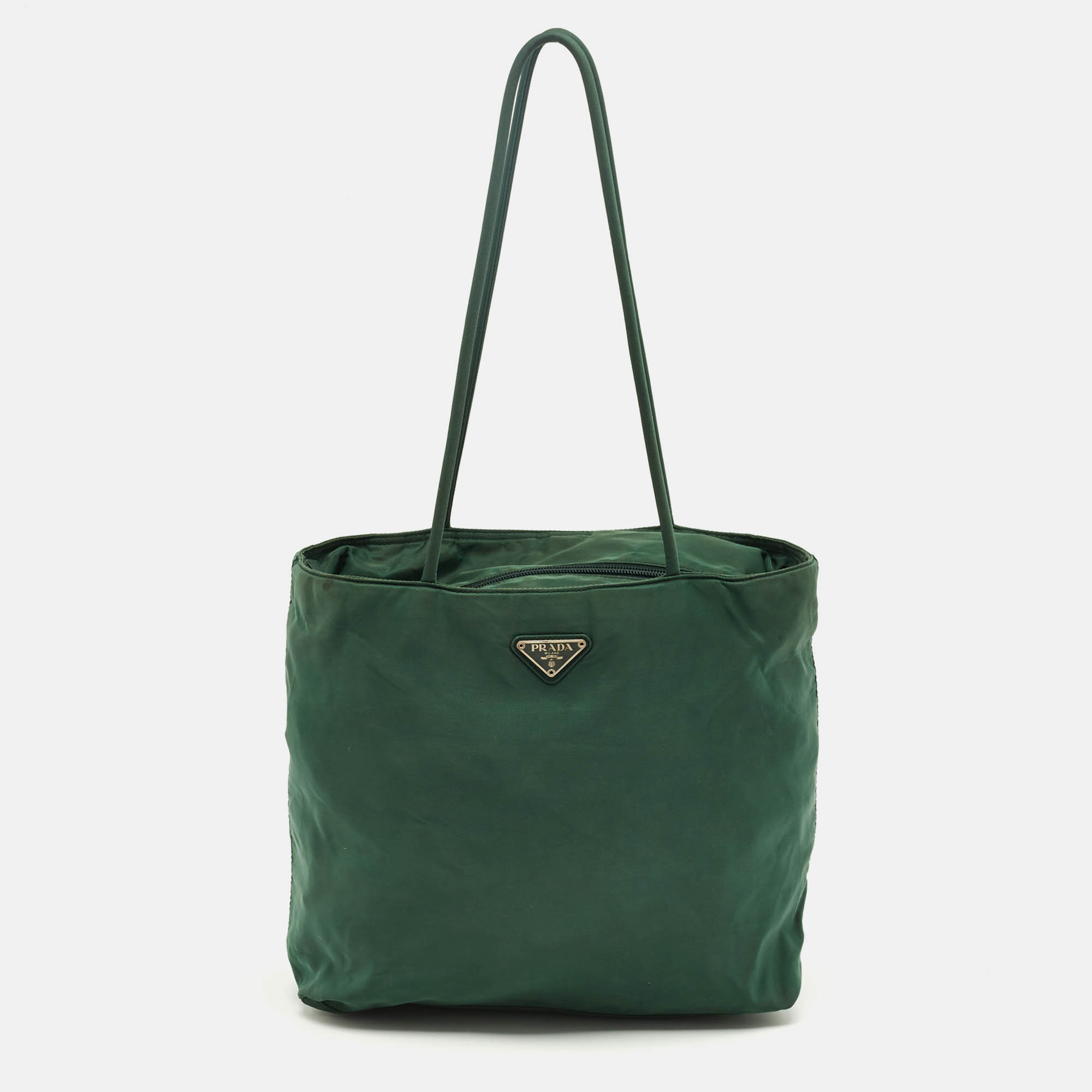 

Prada Green Nylon Logo Triangle Zip Tote