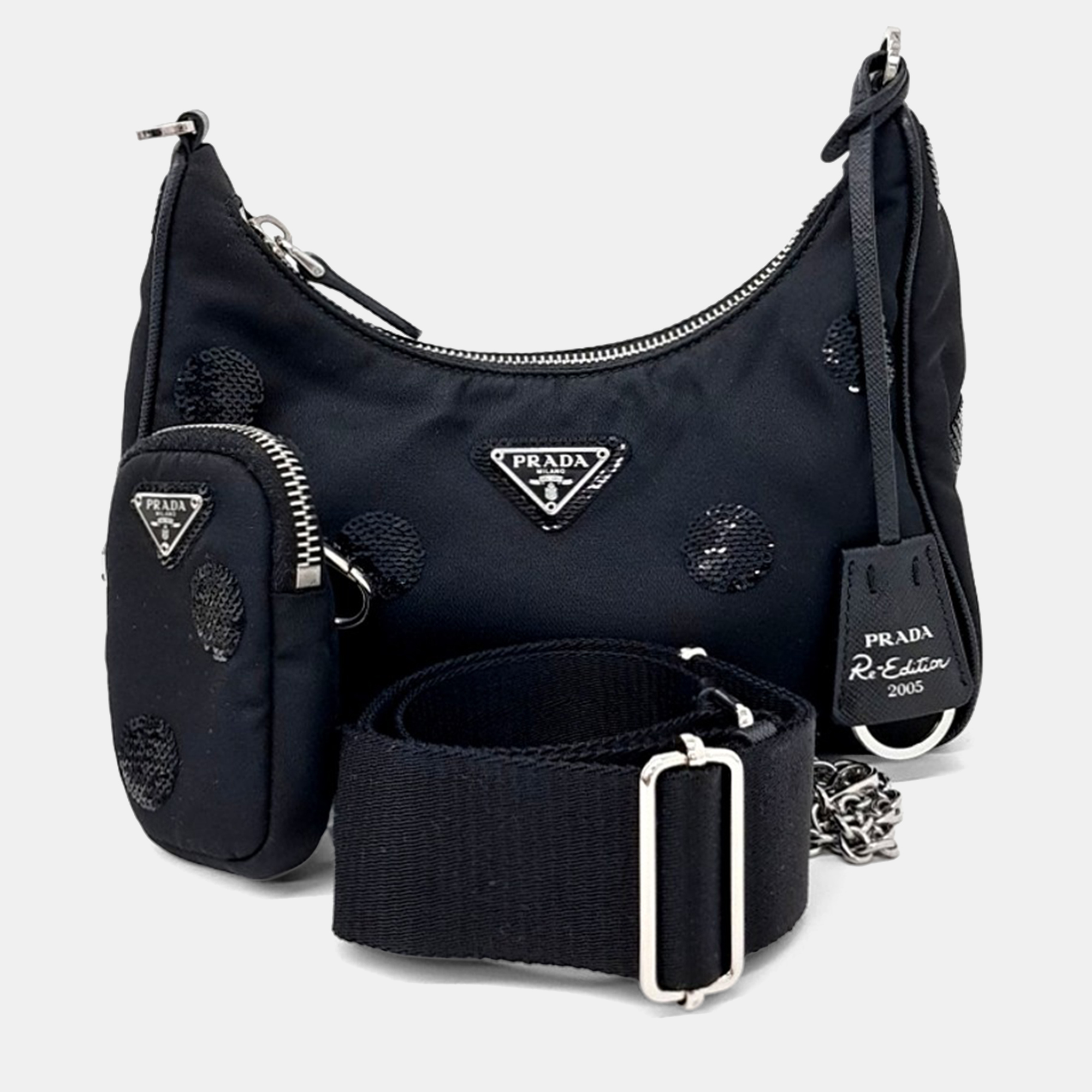 Pre-owned Prada Black Nylon Re-nylon Polka Dot Tessuto Chain Strap Hobo Bag