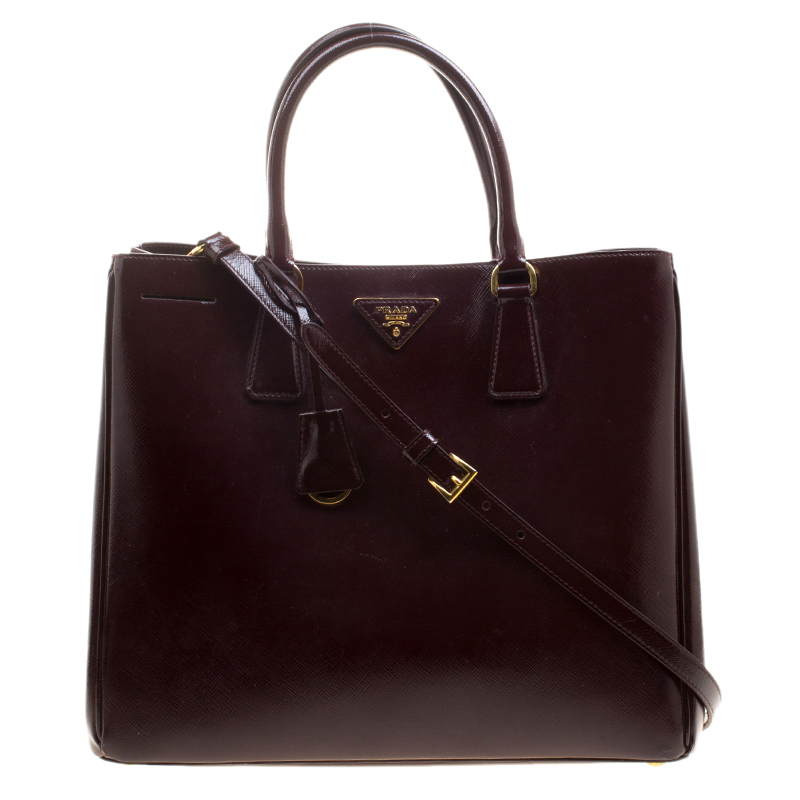 Pre Owned Prada Burgundy Saffiano Metal Leather Medium Gardener's Tote