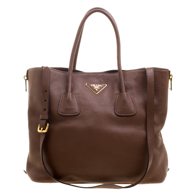 Pre Owned Prada Brown Vitello Daino Leather Side Zip Tote