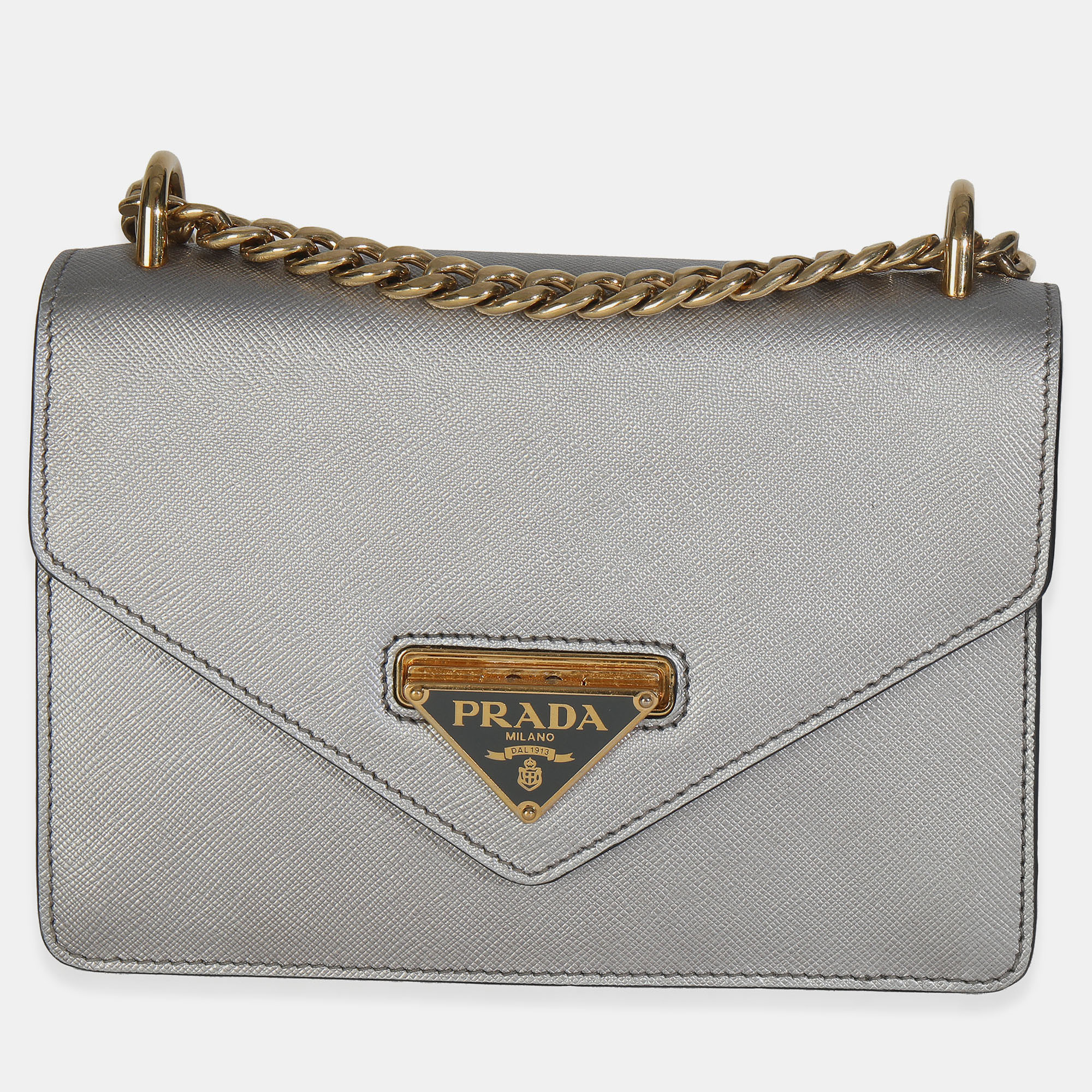 

Prada Silver Saffiano Soft Calfskin Metal Triangle Logo Envelope Chain Bag