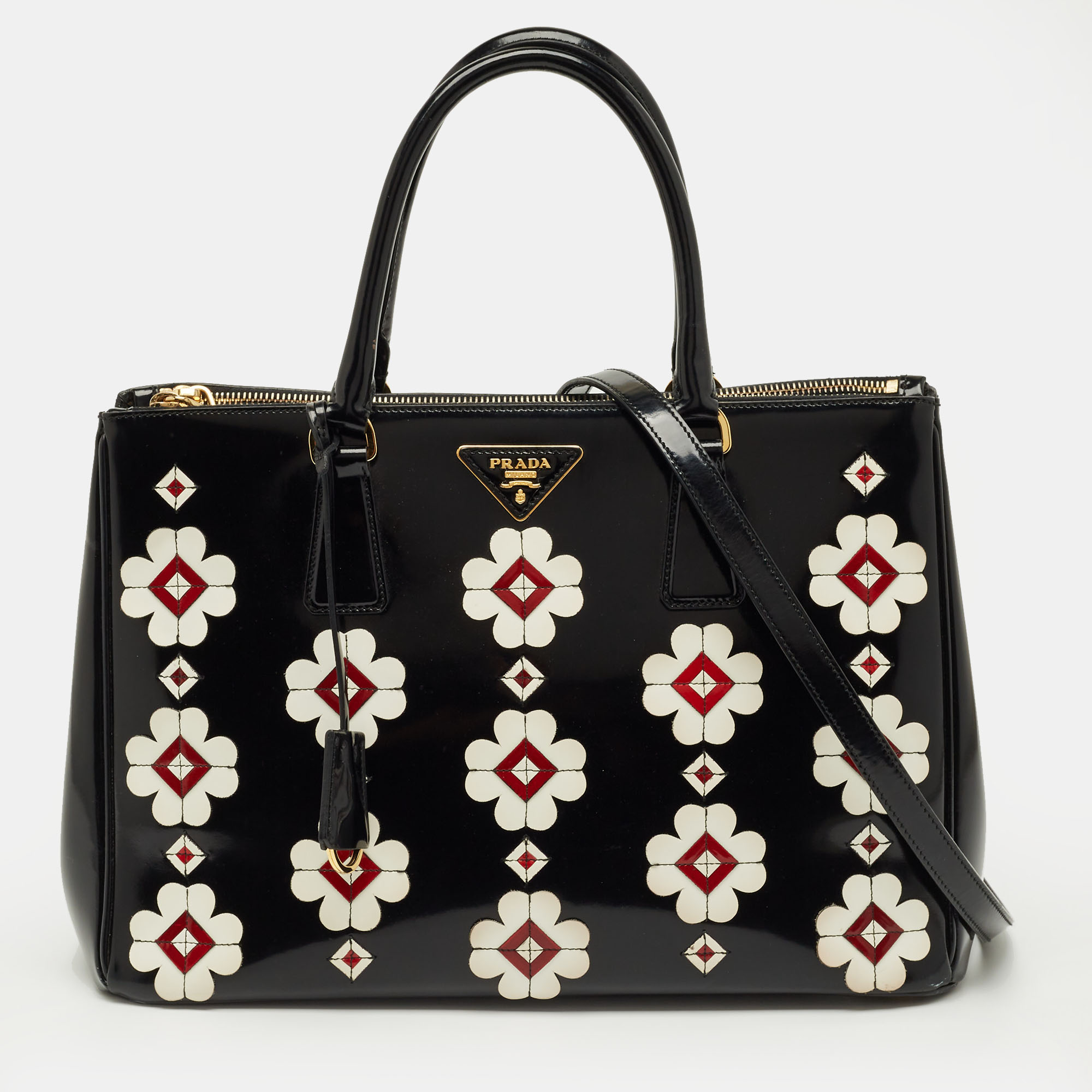 

Prada Black Spazzolato Leather Medium Floral Double Zip Tote