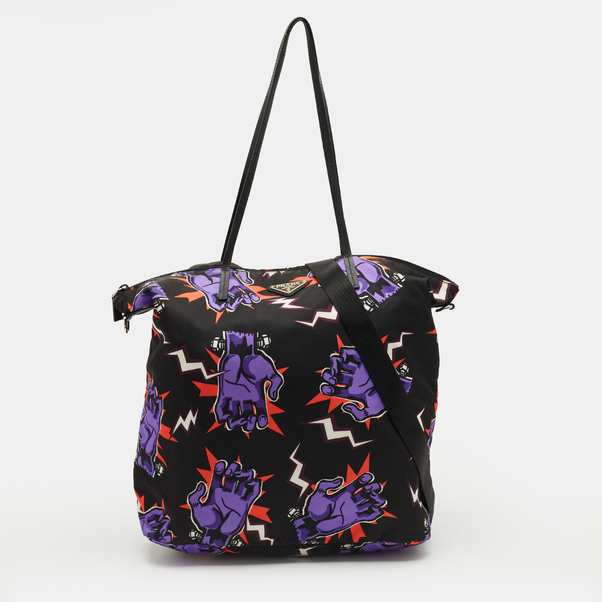 Pre-owned Prada Multicolor Nylon And Leather Frankenstein Hand Print Tote