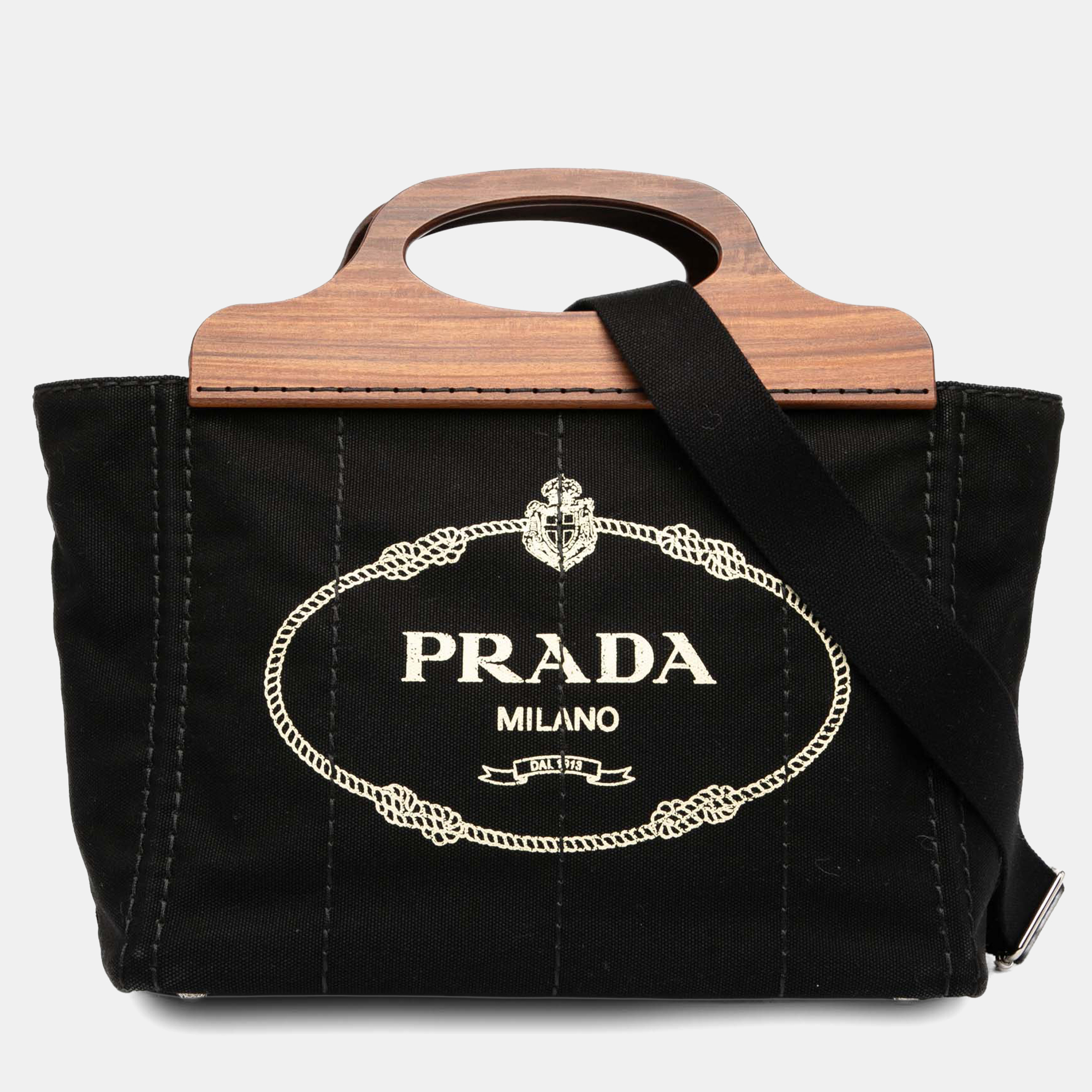 

Prada Black Canvas Wood Handle Canapa Logo Satchel