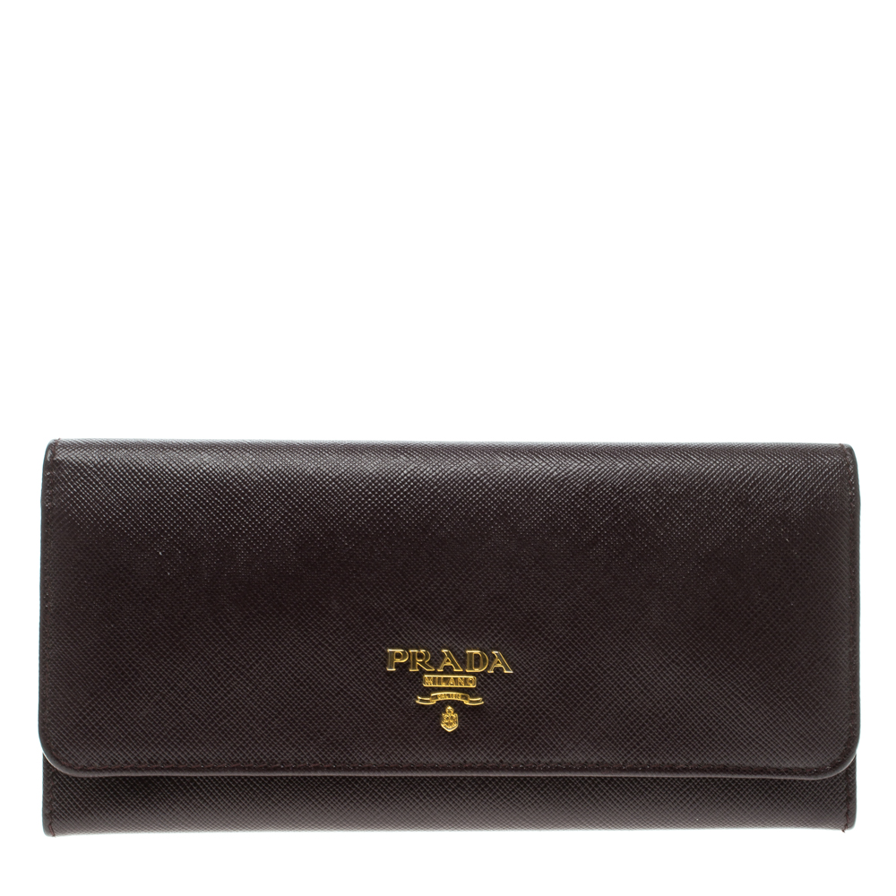 Pre Owned Prada Burgundy Saffiano Metal Leather Continental Wallet