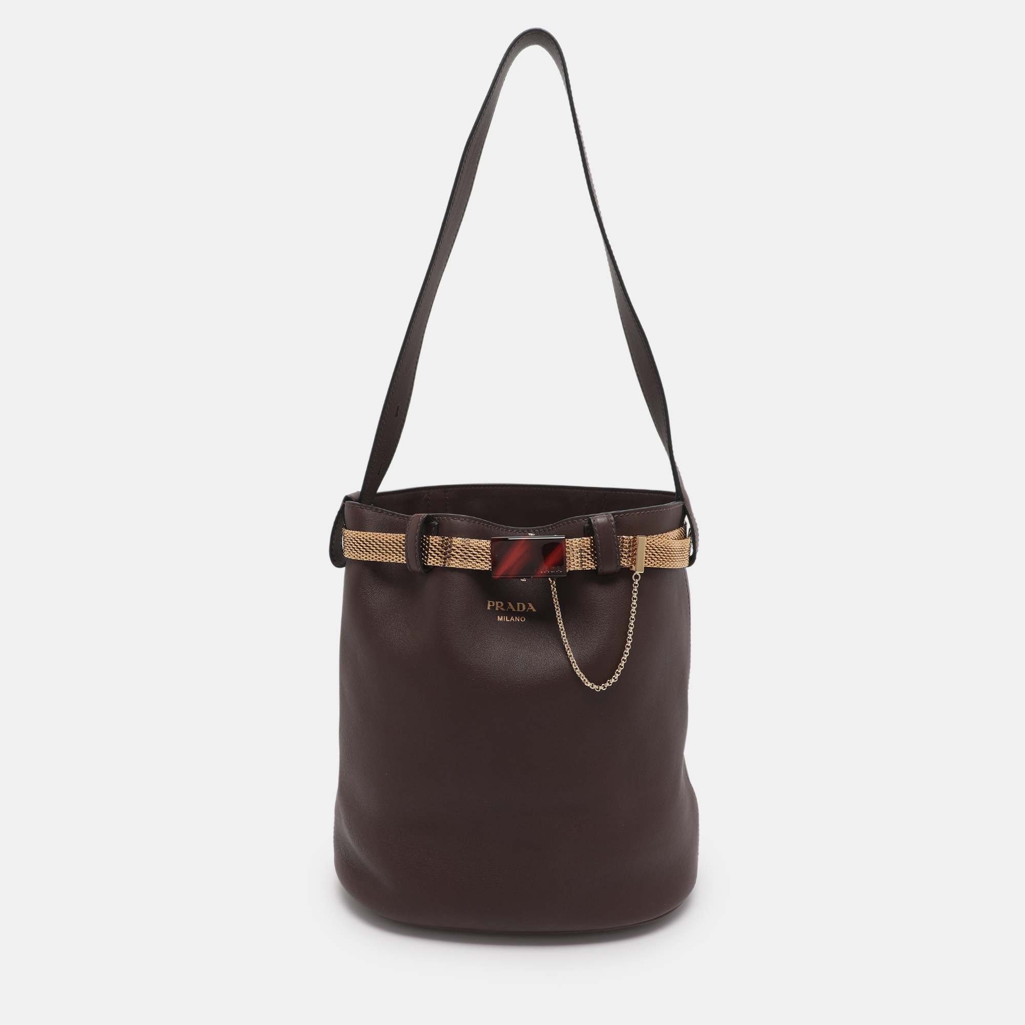 

Prada Brown Leather Jeweled Belt Buckle Bucket Bag