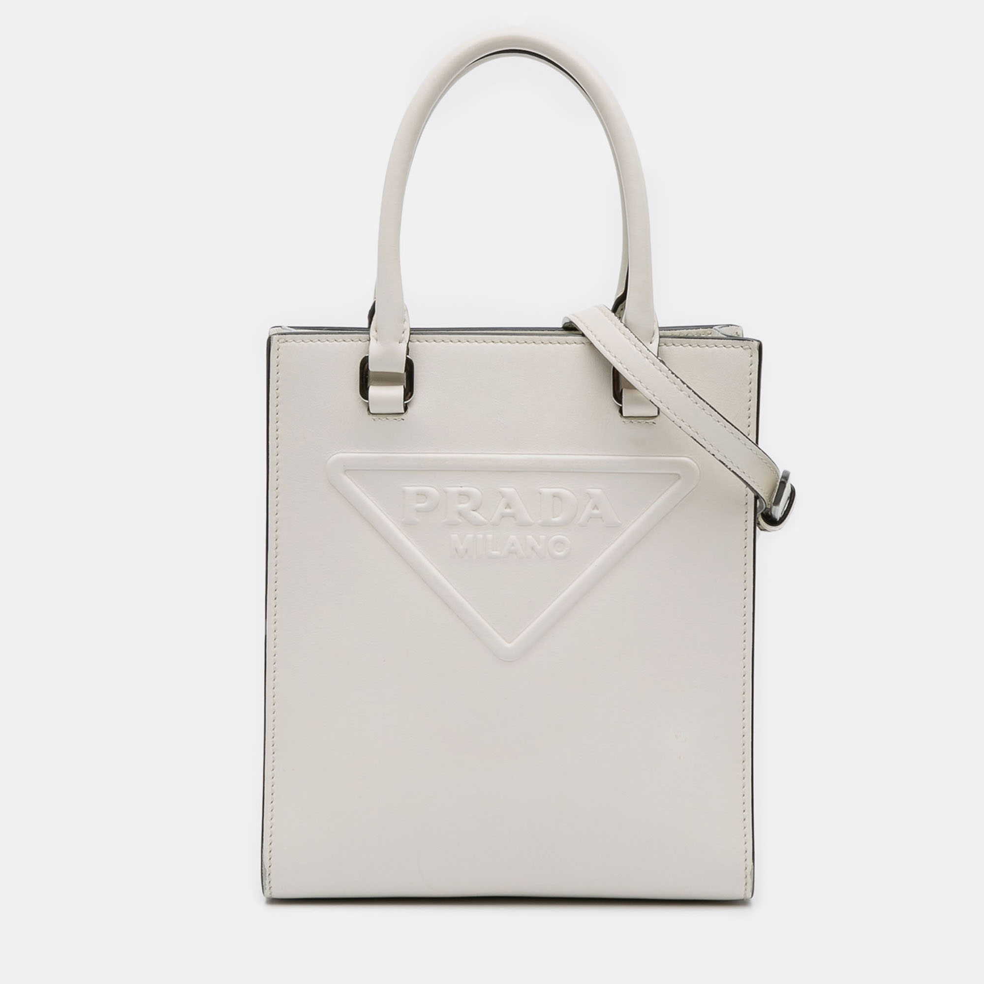 

Prada White Mini Soft Calf Logo Drill Satchel