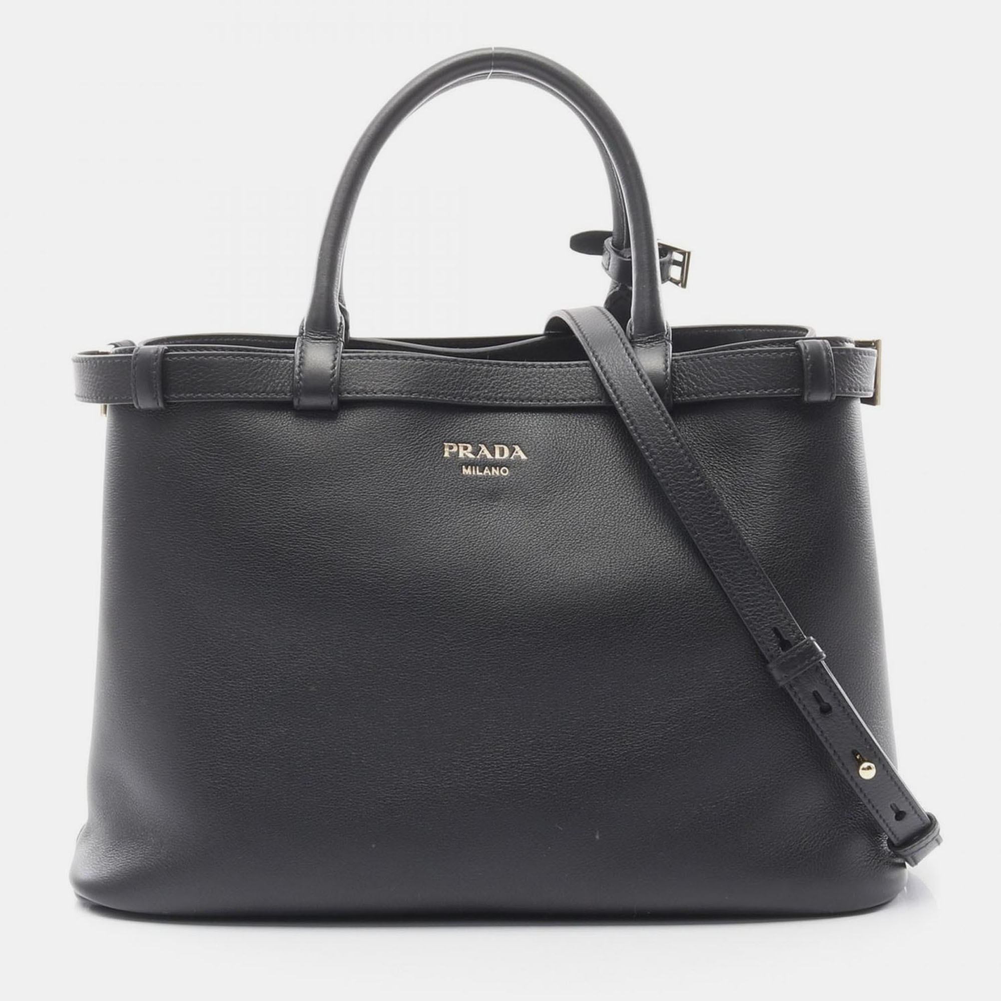

Prada Buckle Medium Black Leather Shoulder Bag