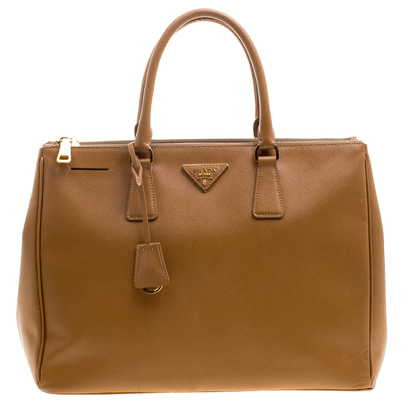 Pre Owned Prada Caramel Saffiano Lux Leather Large Double Zip Tote