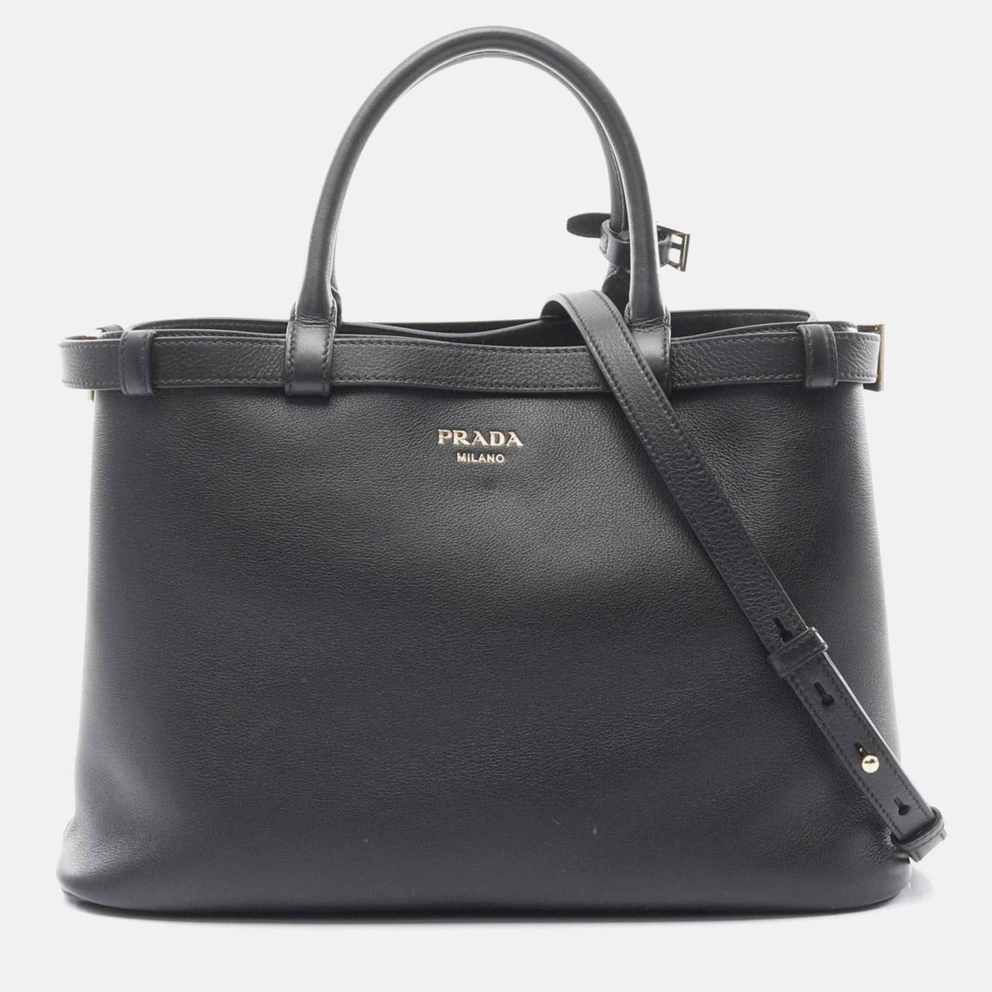 

Prada Buckle Double Belt Medium Handbag Leather Black
