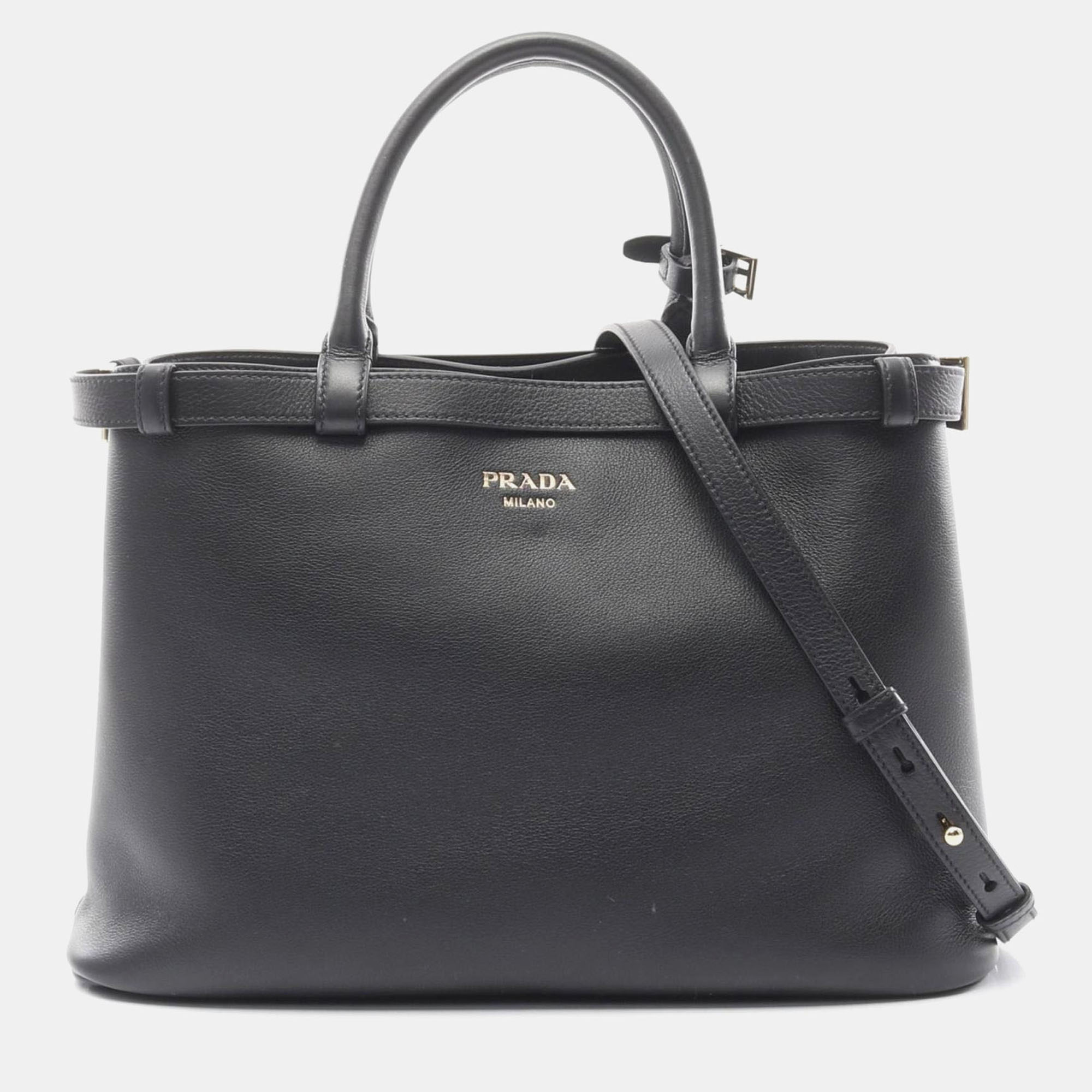 

Prada Medium Double Buckle Belt Handbag Leather Black