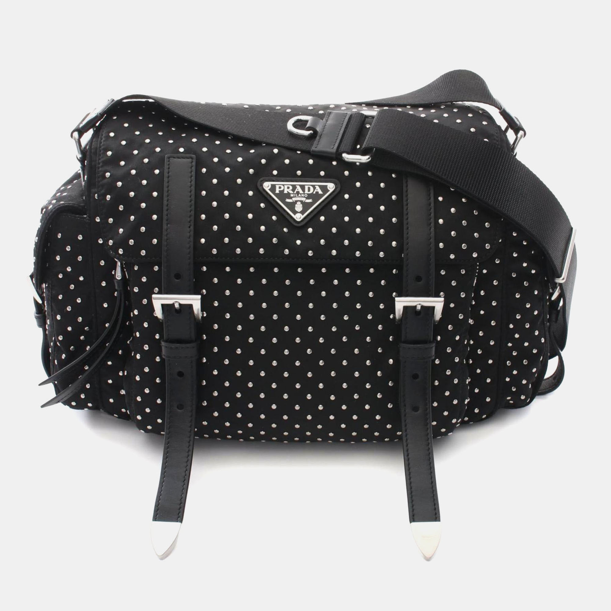 

Prada Studded Shoulder Bag Nylon Leather Black