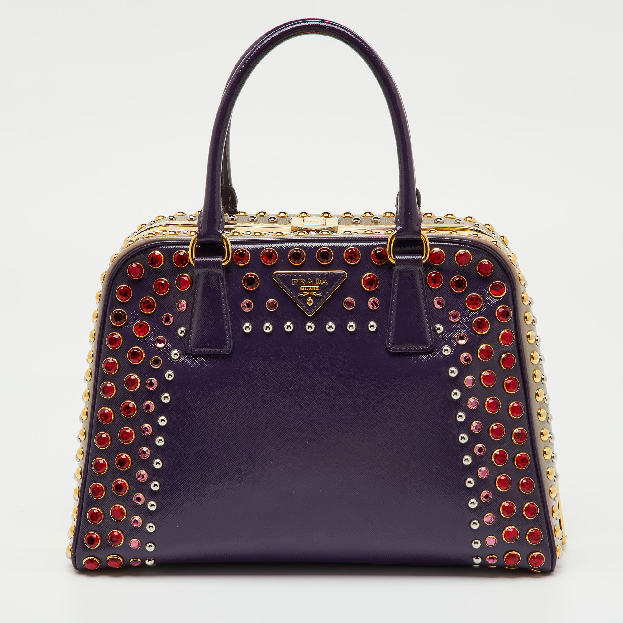 PRADA Pre-owned Multicolor Saffiano Patent Leather Crystal Embellished Pyramid Frame Satchel