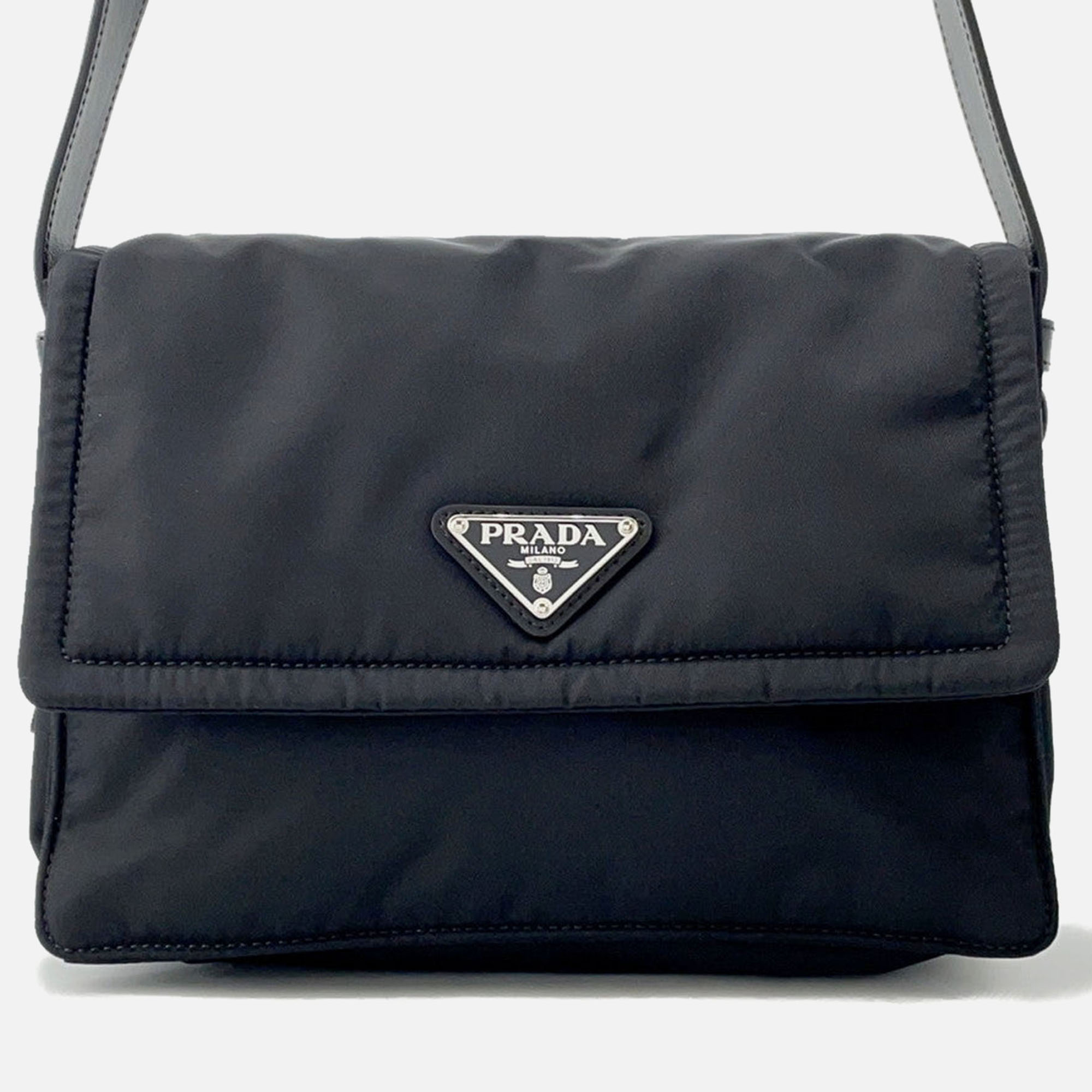 Pre-owned Prada Padded Re-nylon Shoulder Bag Black Nylon Leather Size Small