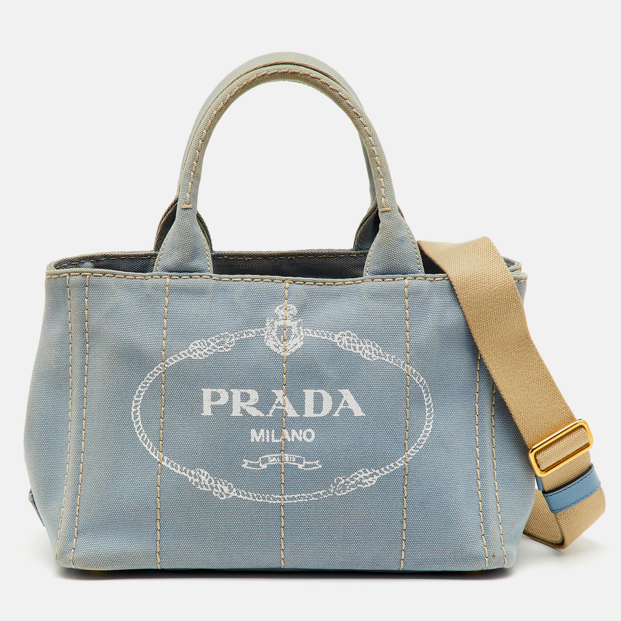PRADA Pre-owned Light Blue Canvas Logo Small Canapa Tote