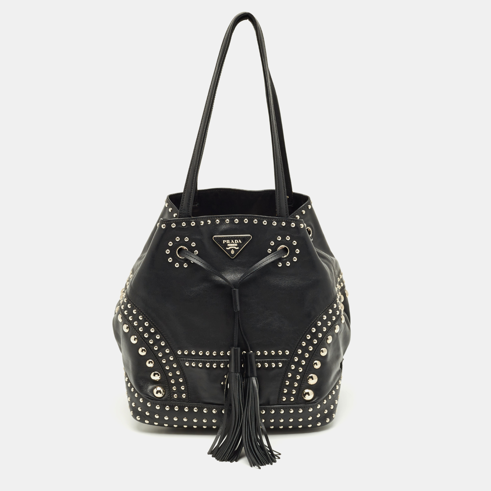 

Prada Black Leather Studded Drawstring Bucket Bag