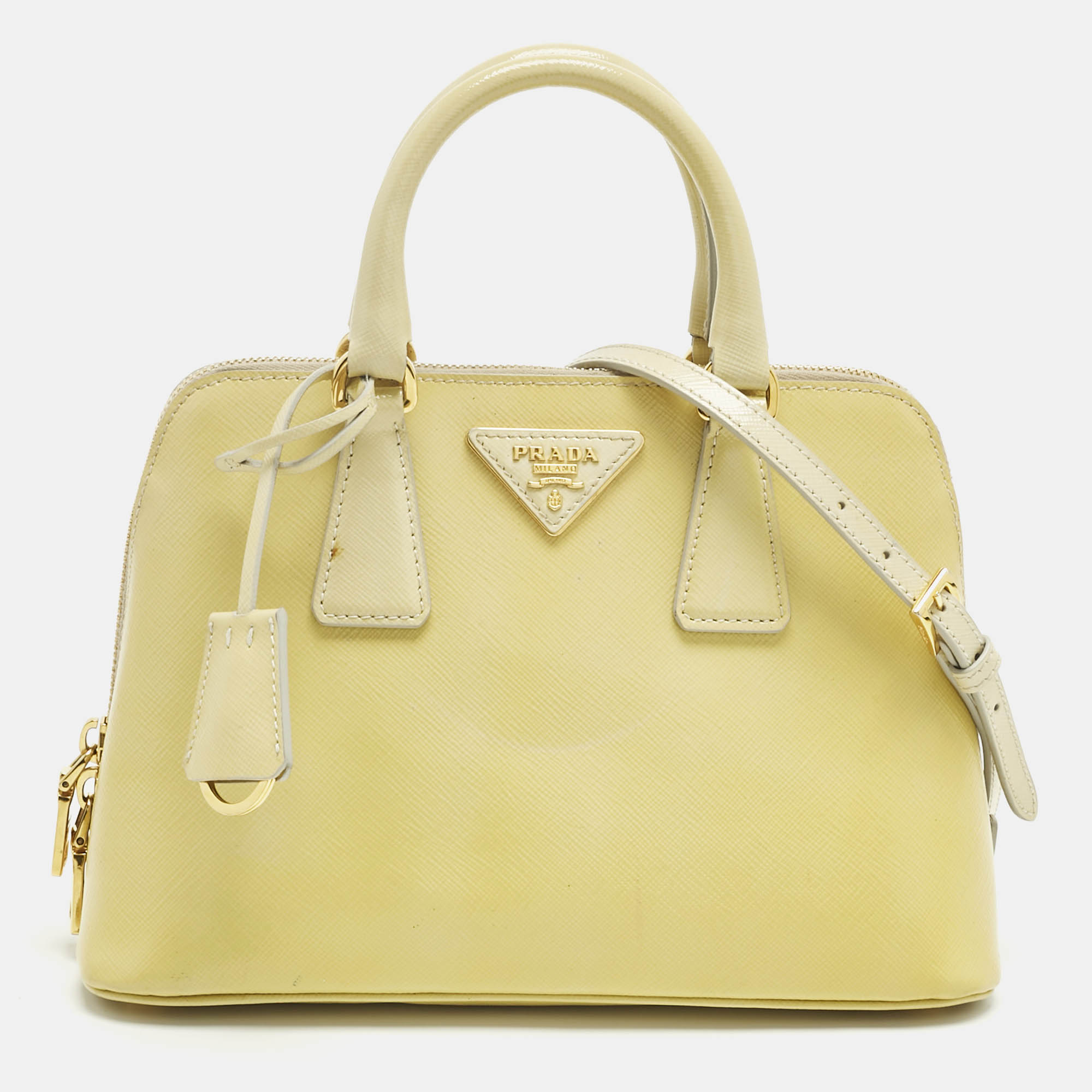 

Prada Light Yellow Saffiano Patent Lux Leather  Promenade Satchel