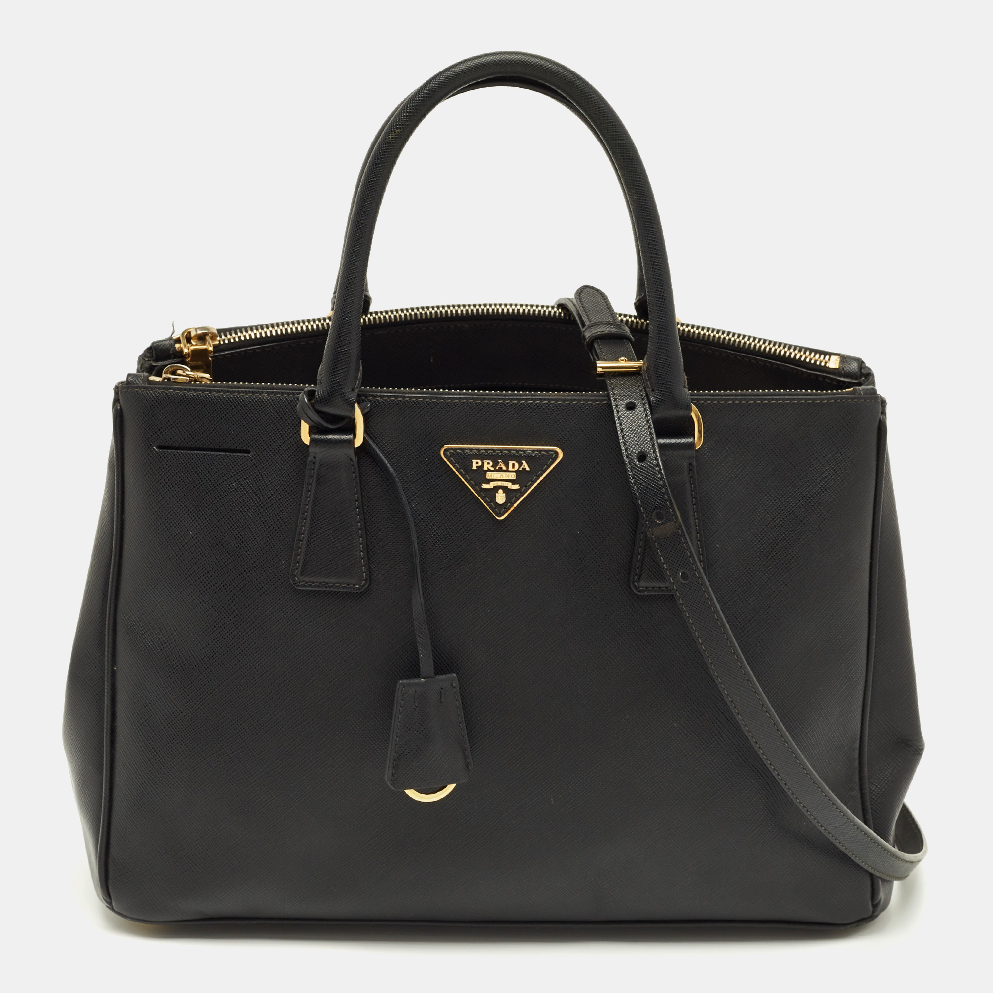 Pre-owned Prada Black Saffino Leather Medium Double Zip Tote
