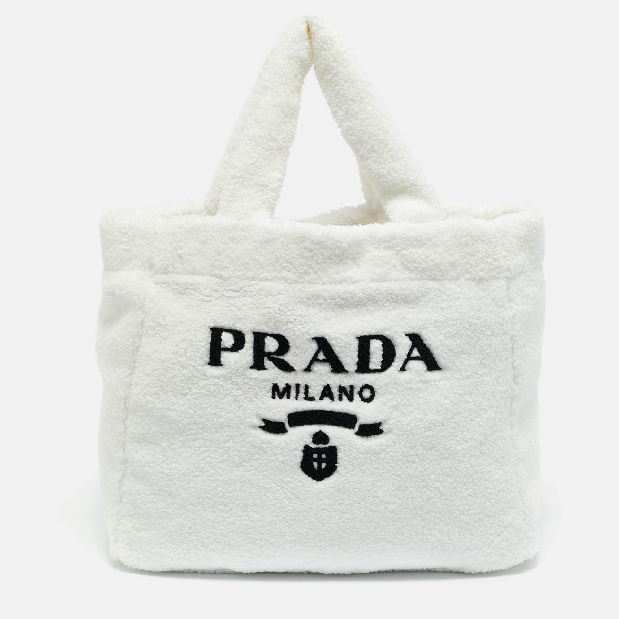 Pre-owned Prada White/black Terry Cloth Logo Tote