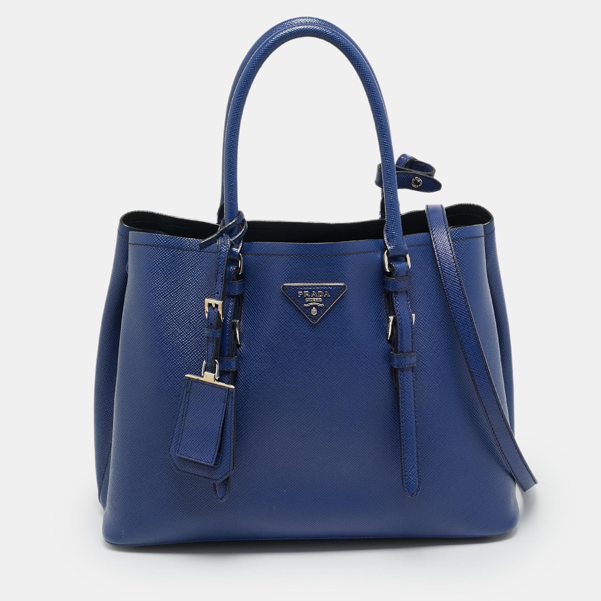 Pre-owned Prada Double Handle Medium Blue Saffiano Cuir Leather Tote