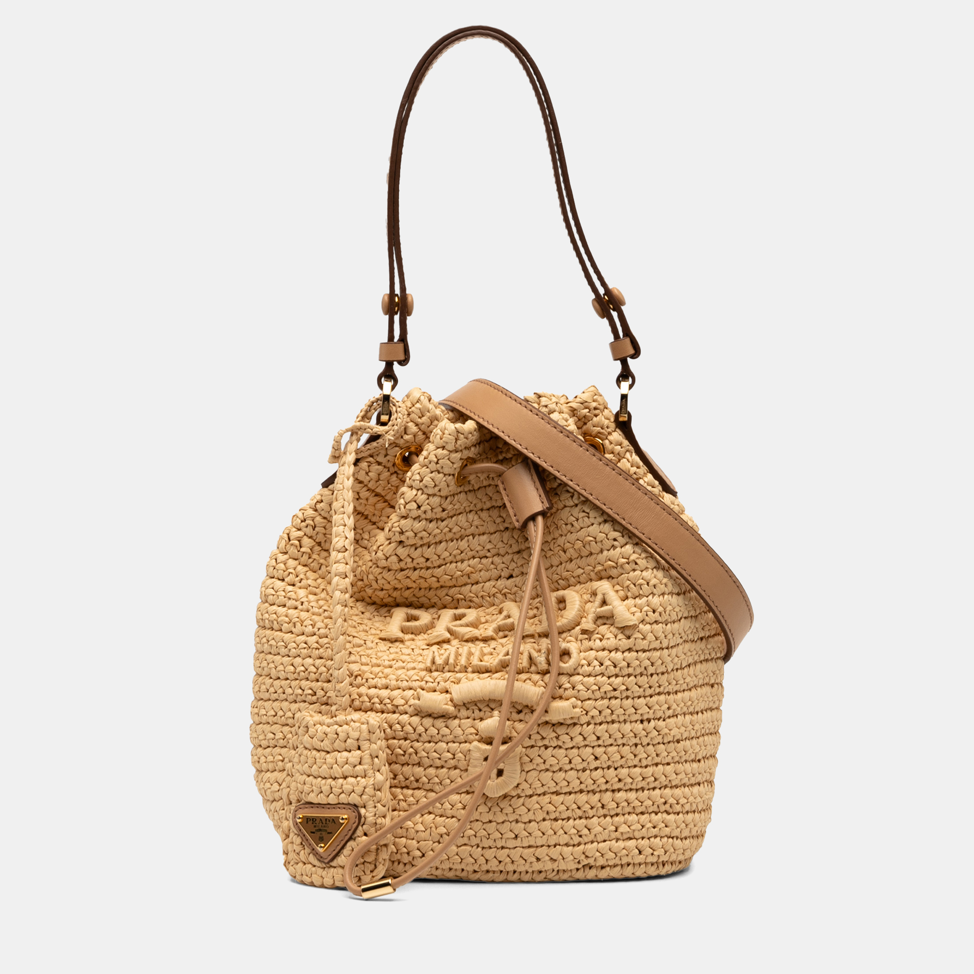 

Prada Brown Mini Raffia Crochet Logo Embroidered Bucket Bag