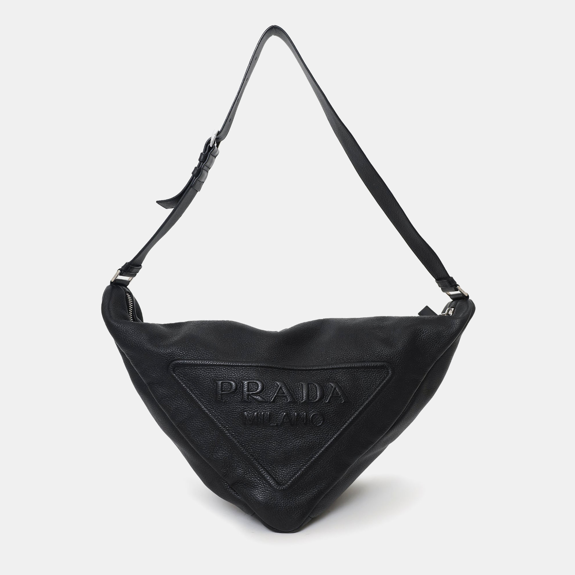 

Prada Black Grained Leather Triangle Large Sling Crossbody