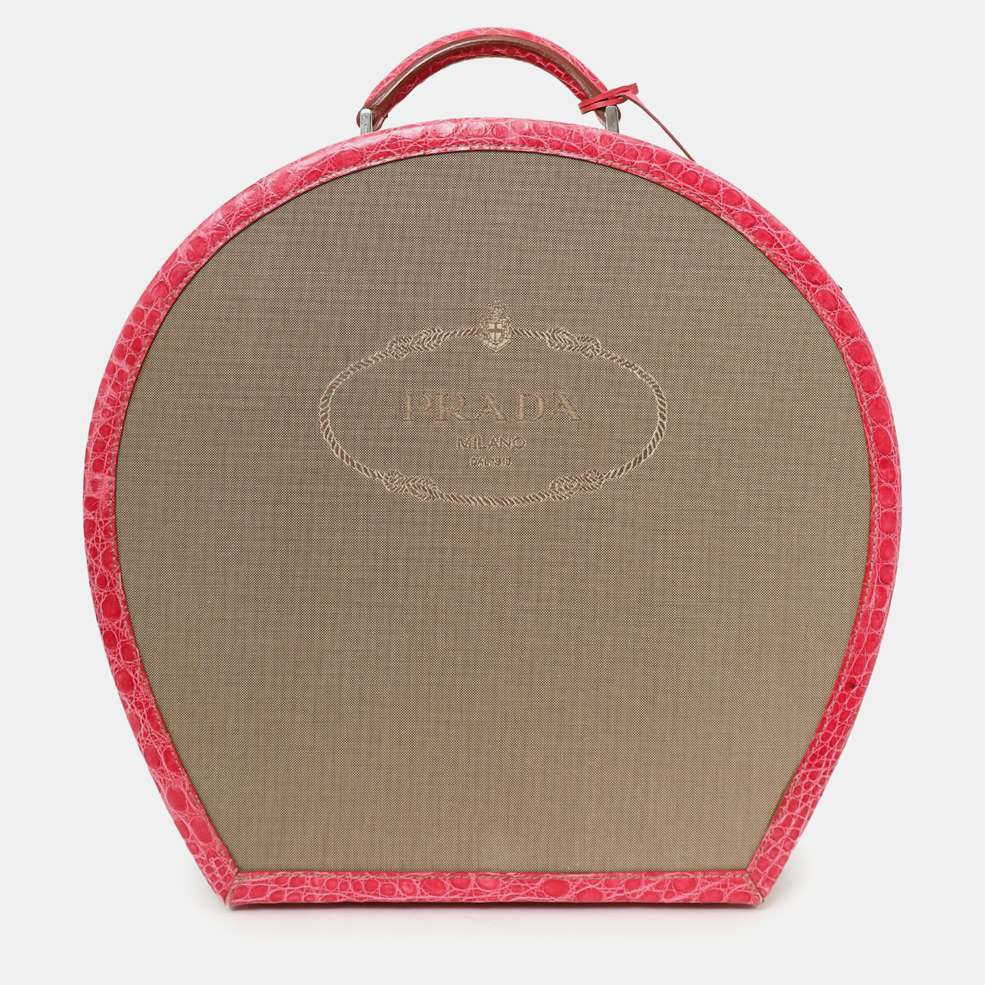 Pre-owned Prada Beige Canvas Pink Crocodile Trim Hat Box In Sand