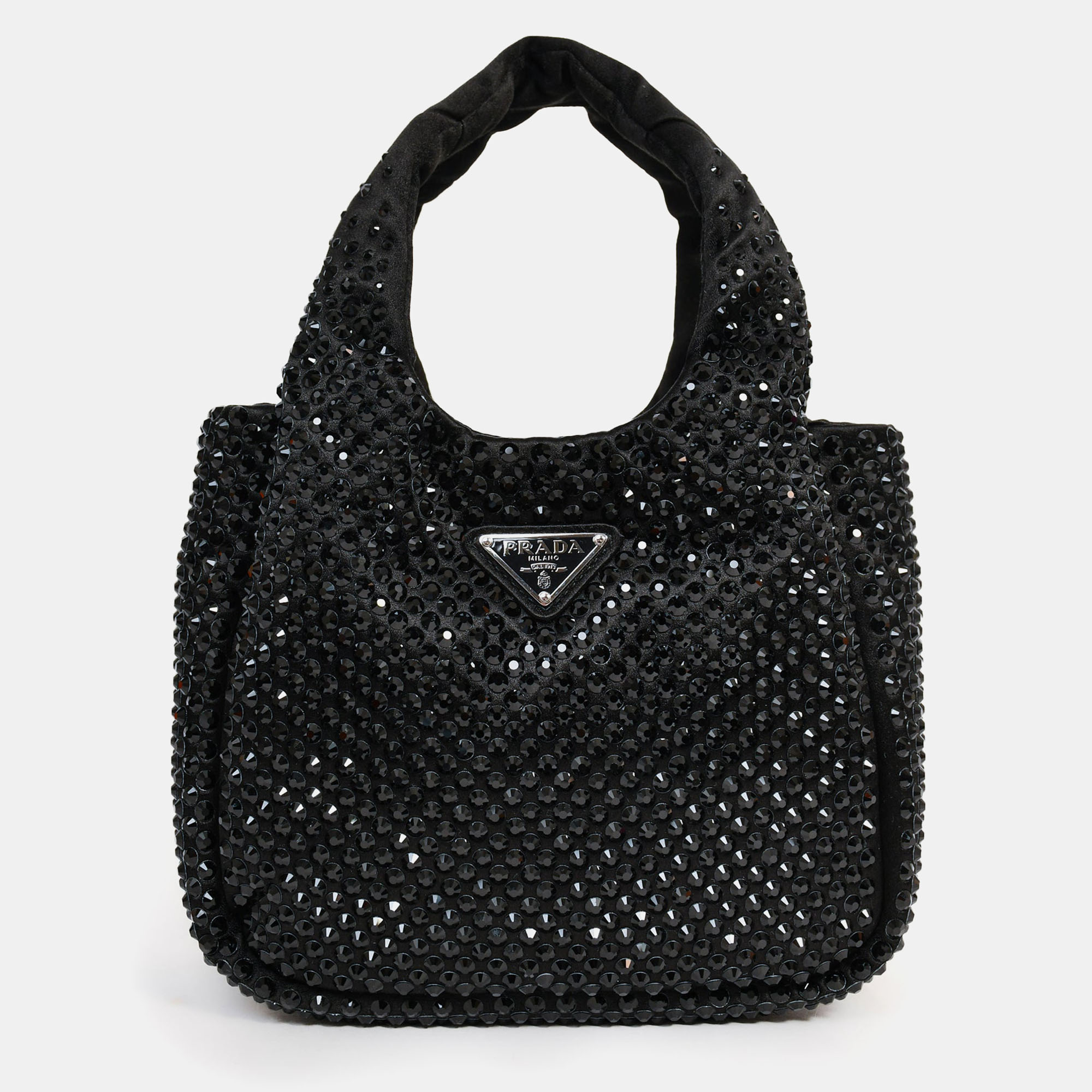 

Prada 2024 Holiday Black Satin Crystal Top Handle Mini Tote Bag