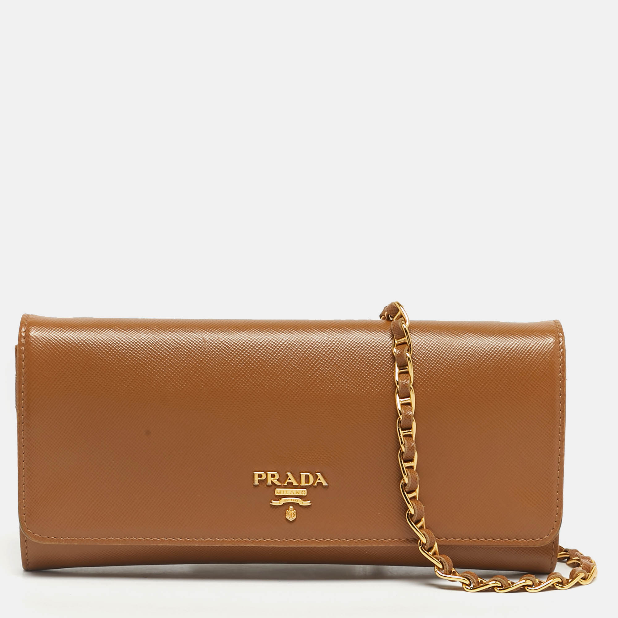 

Prada Brown Saffiano Metal Leather Wallet On Chain