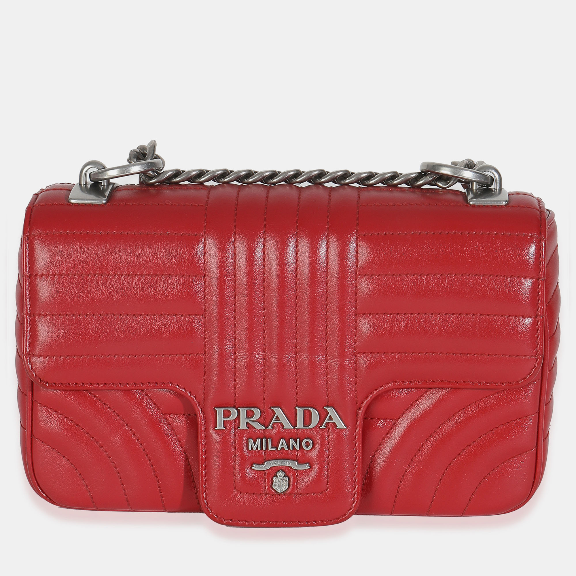 

Prada Red Soft Calfskin Impunture Diagramme Medium Chain Flap Bag
