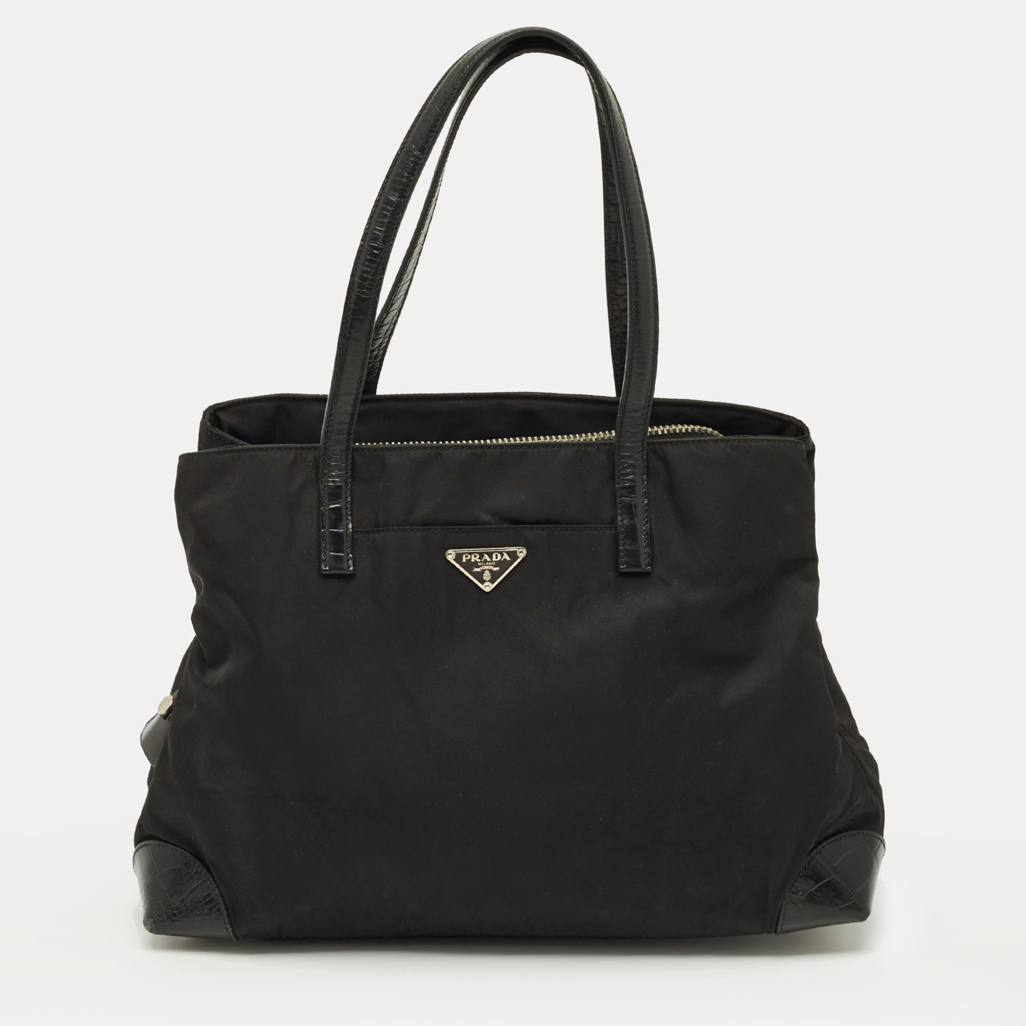 Pre-owned Prada Triple Compartment Black Nylon And Crocodile Tote