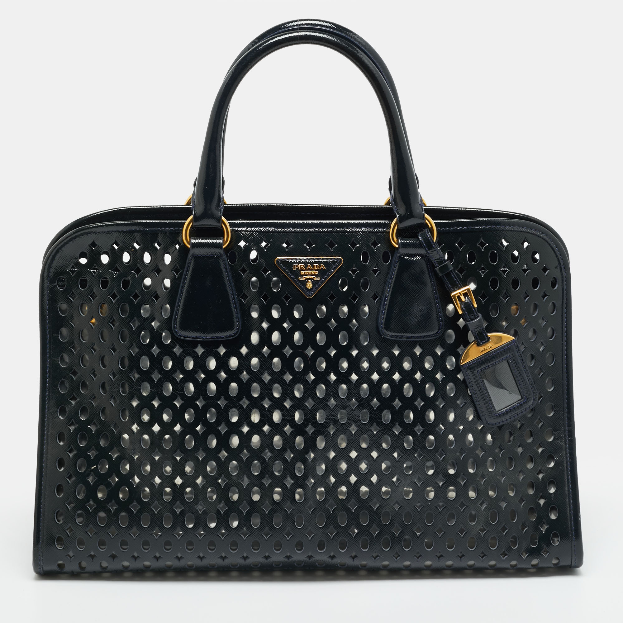 

Prada Navy Blue Perforated Saffiano Vernic Leather Satchel
