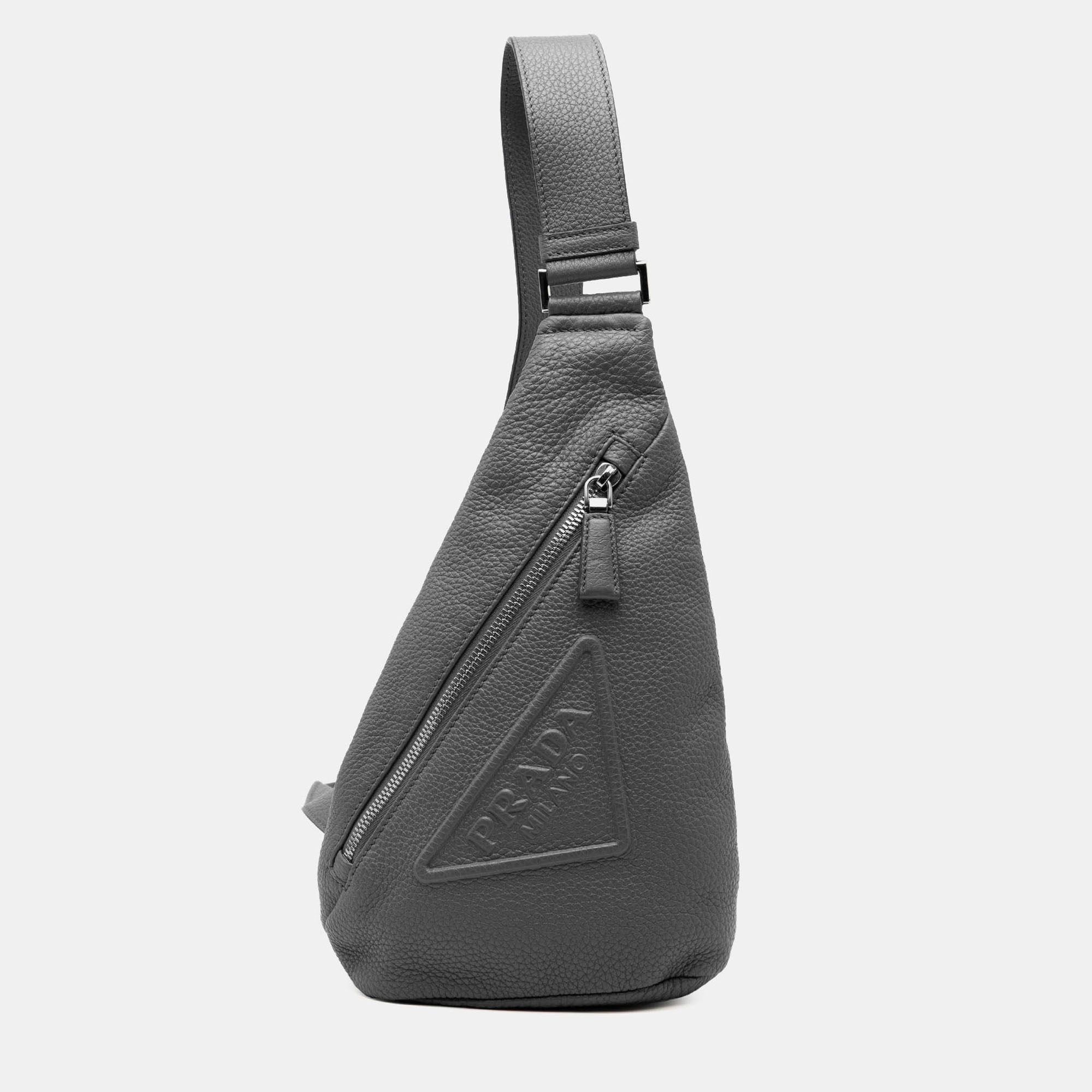 

Prada Grey Vitello Daino Logo Embossed Sling Bag