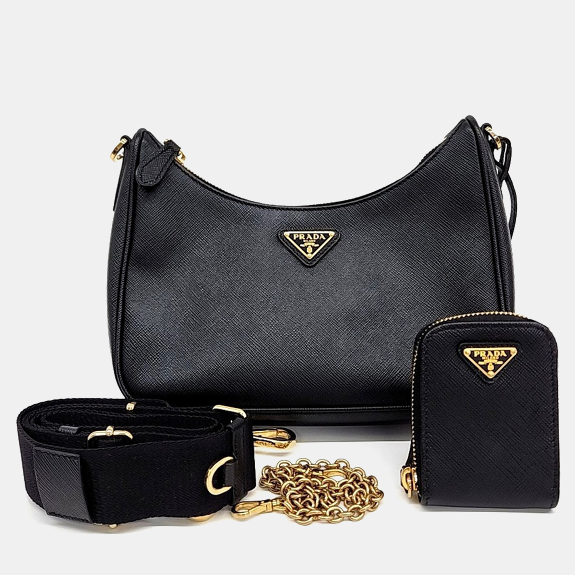 

Prada Black Leather Saffiano Chain Hobo Bag