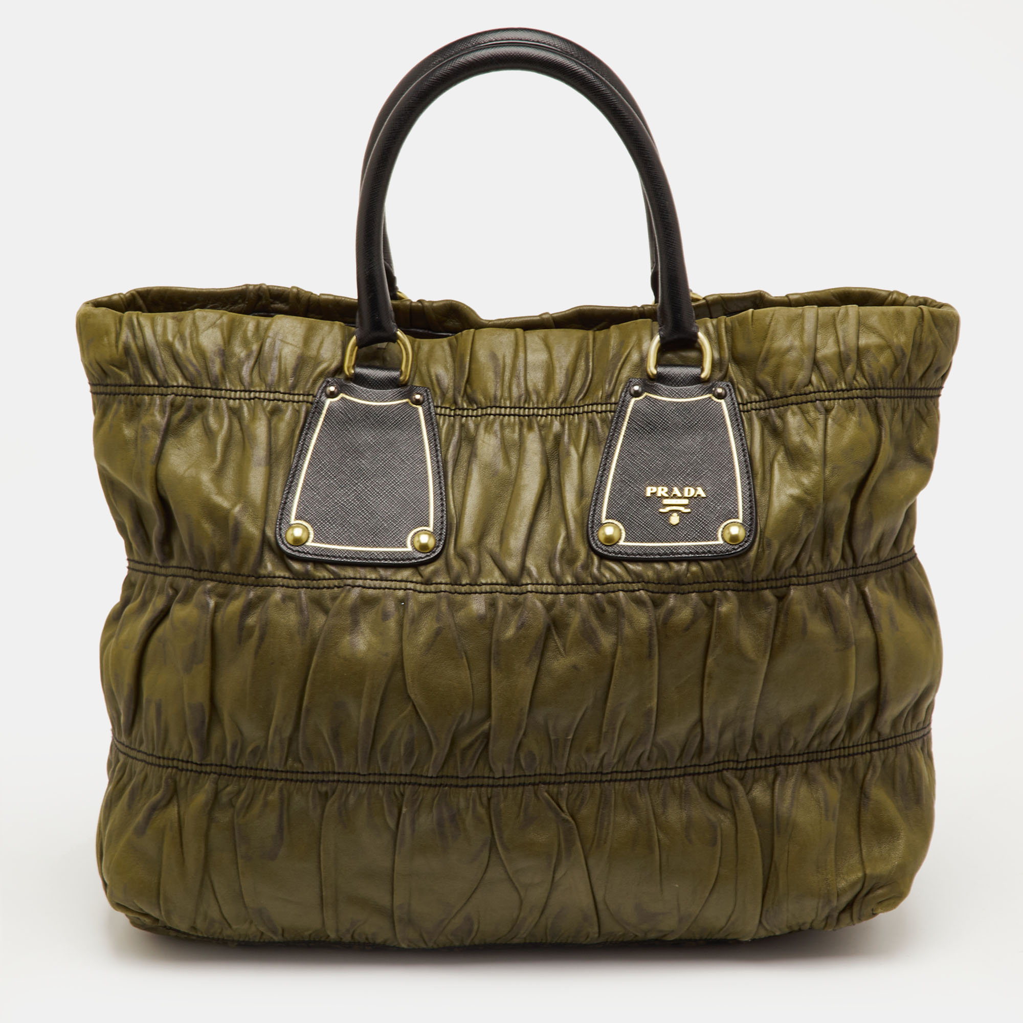 

Prada Olive Green/Black Leather Gaufre Antic Tote