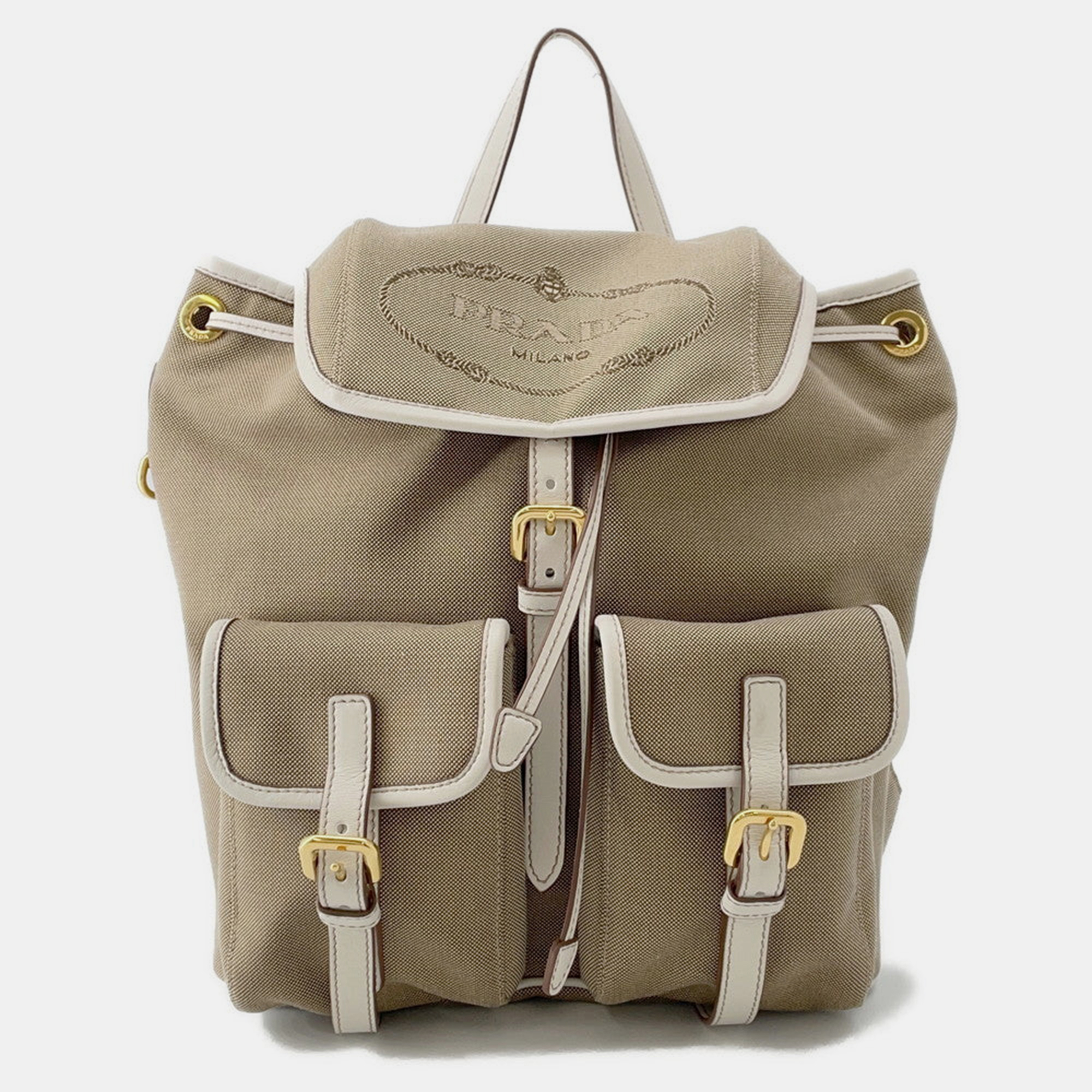 Pre-owned Prada Logo Jacquard Backpack Beige Canvas In Sand