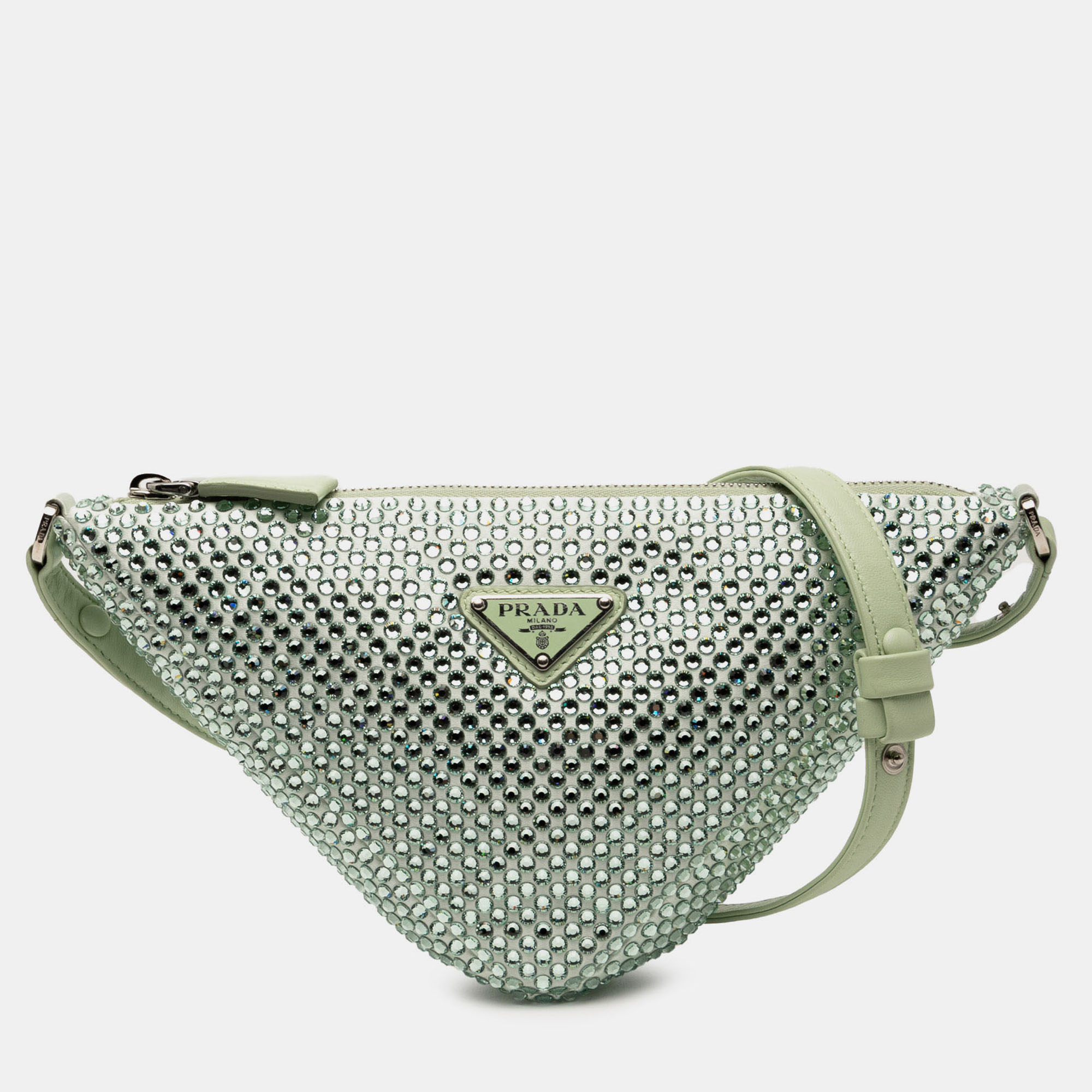 Pre-owned Prada Green Satin Crystal Embellished Triangle Pouch