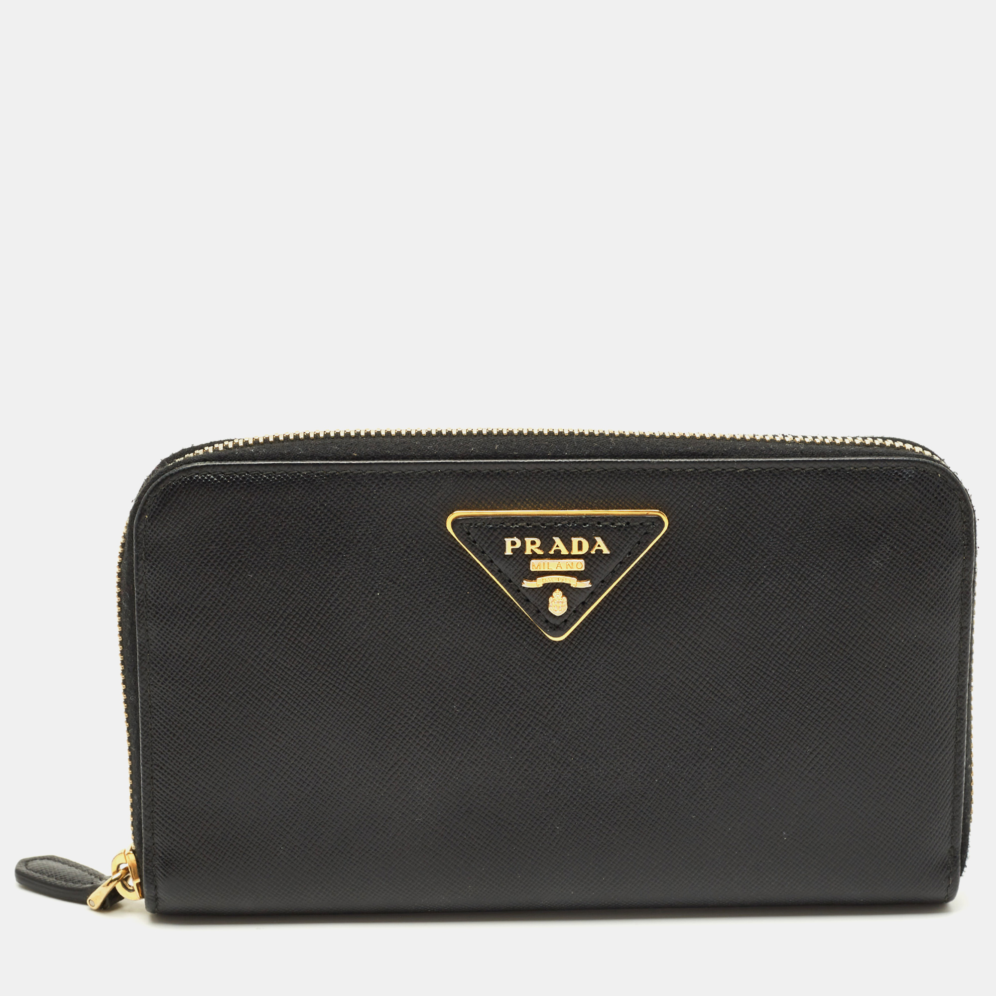 

Prada Logo Black Saffiano Metal Leather Zip Around Wallet