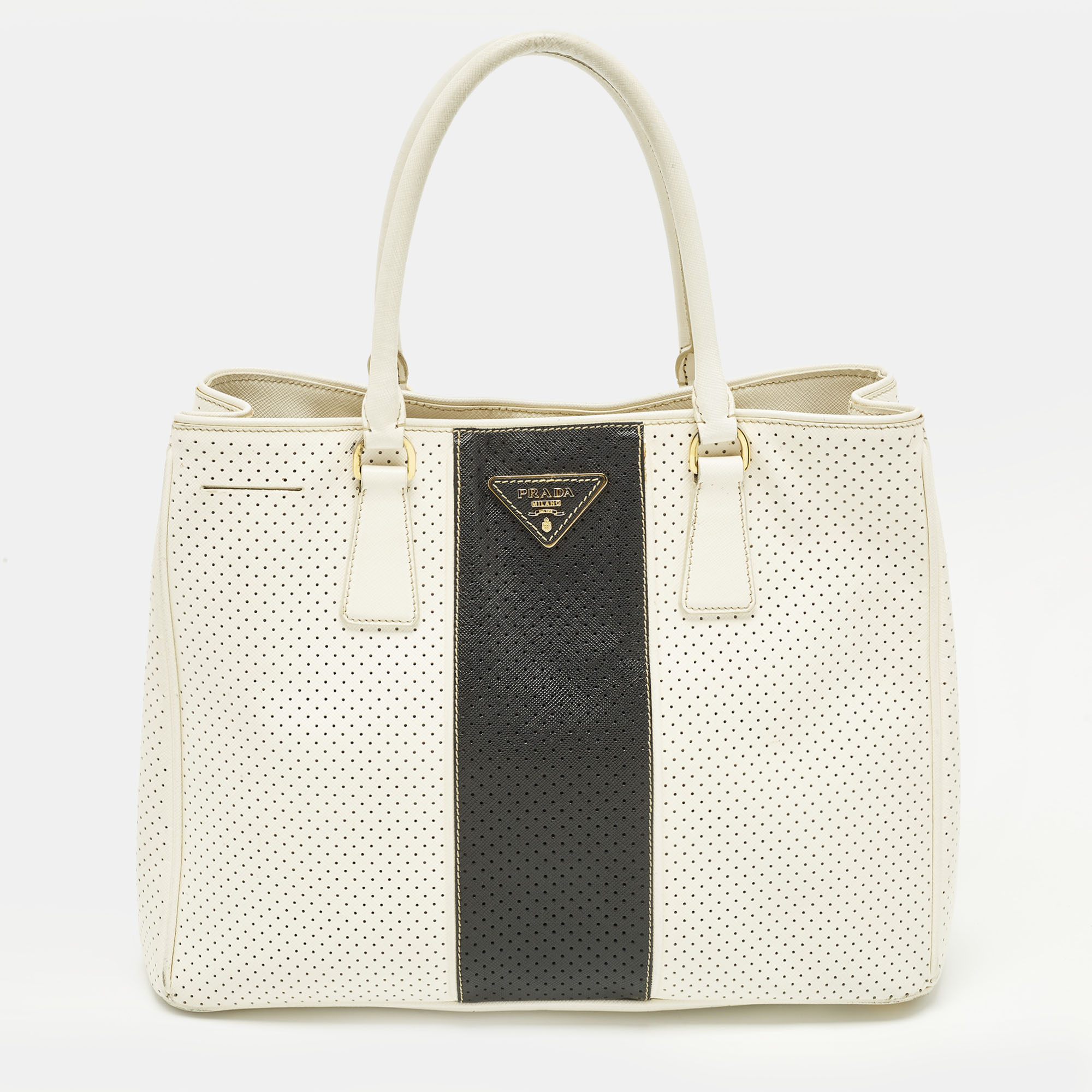 

Prada Gardener's  Off White/Black Saffiano Leather Tote