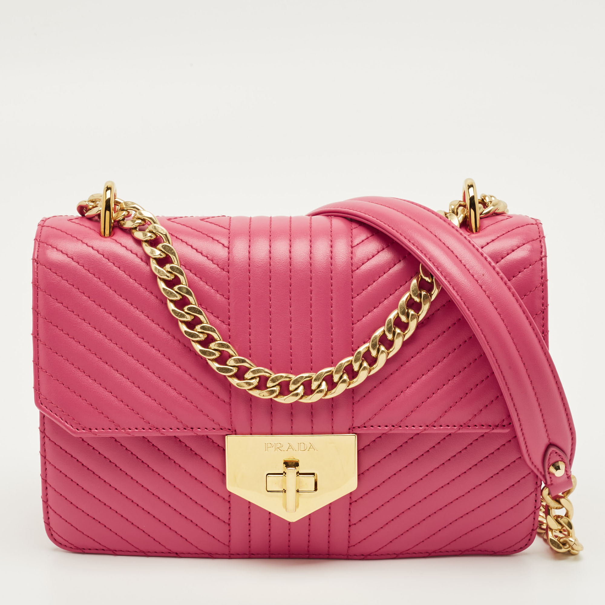 

Prada Diagram Lock Pink Soft Calf Impuntu Leather Shoulder Bag