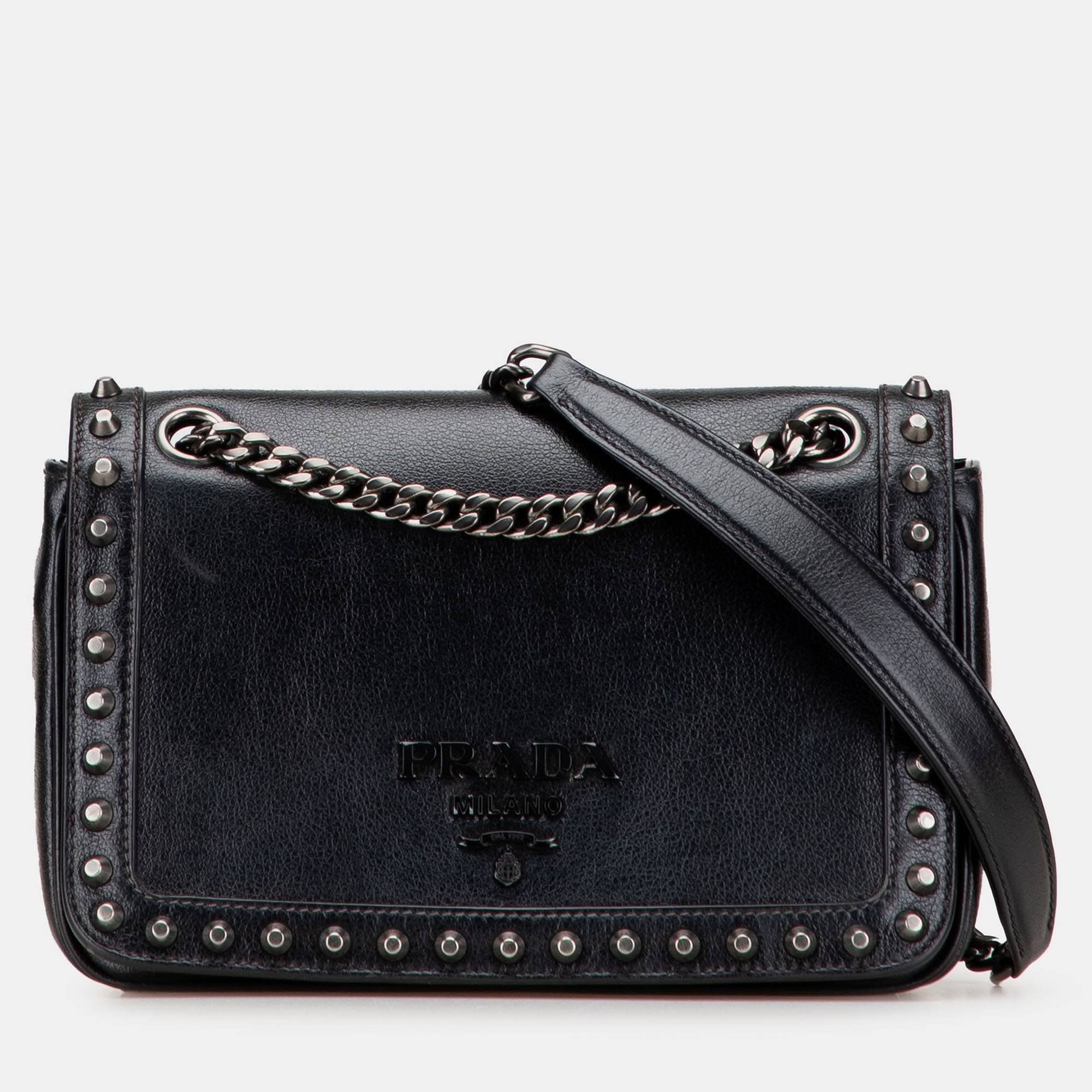 

Prada Black Small Studded Glace Calf Chain Flap