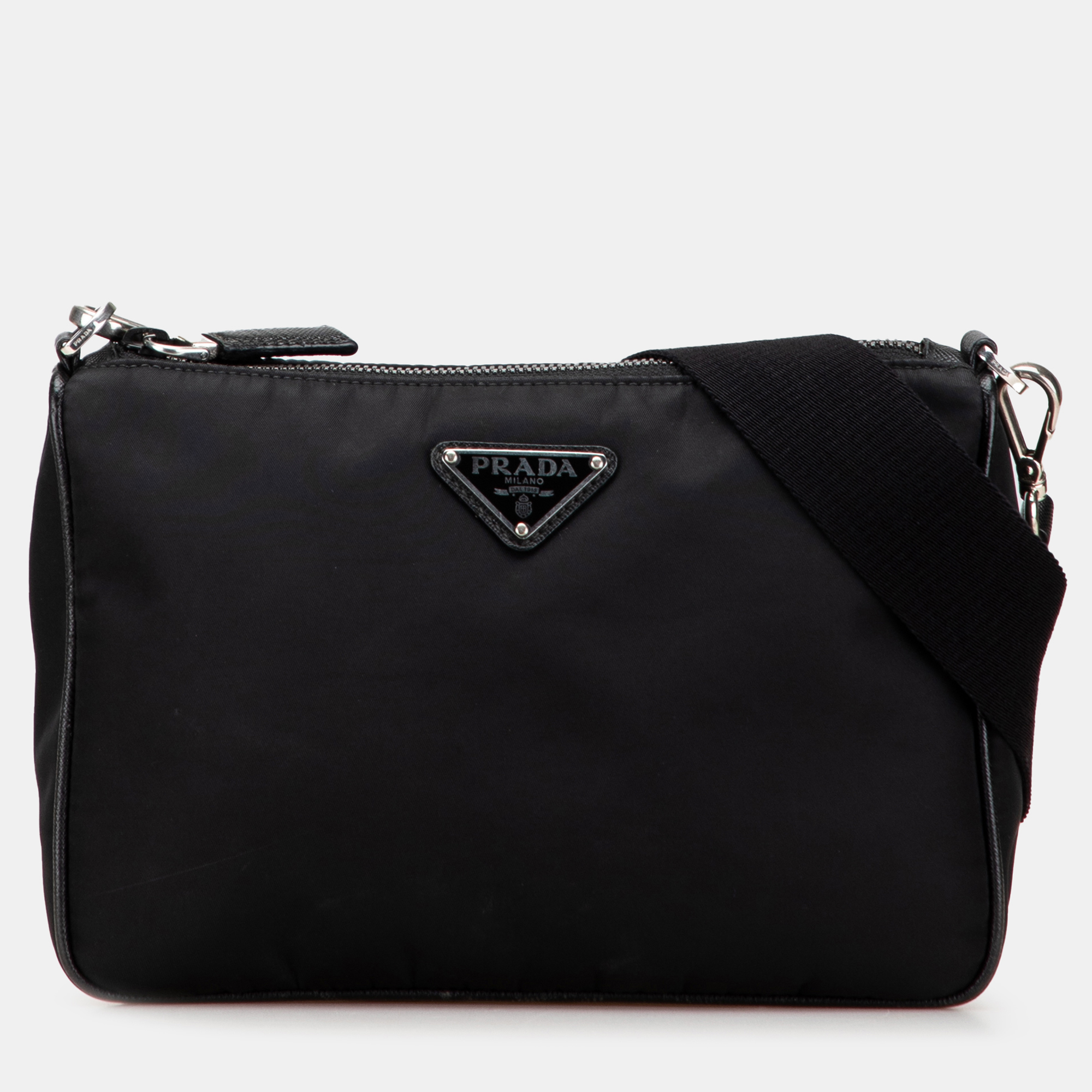 

Prada Black Saffiano Trimmed Re Nylon Zip Top Crossbody