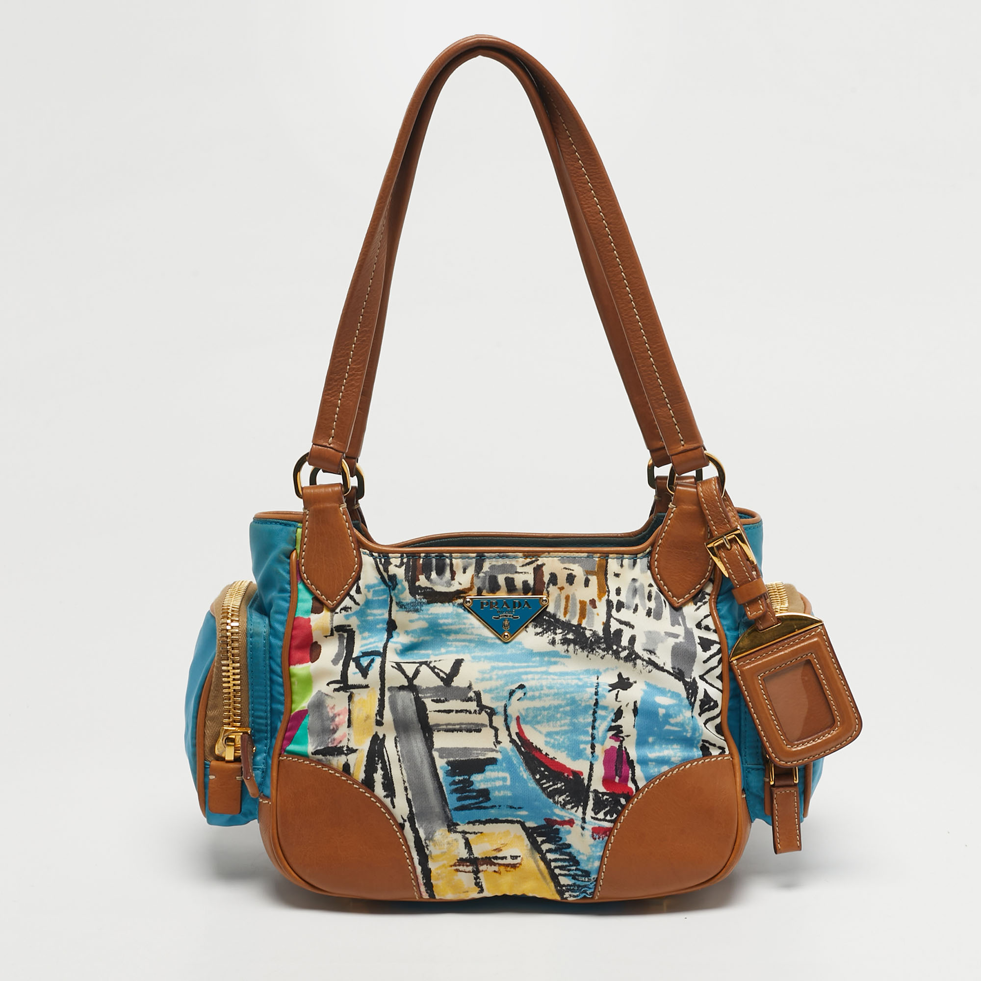 

Prada Side Pocket Multicolor Venezia Printed Fabric and Leather Satchel