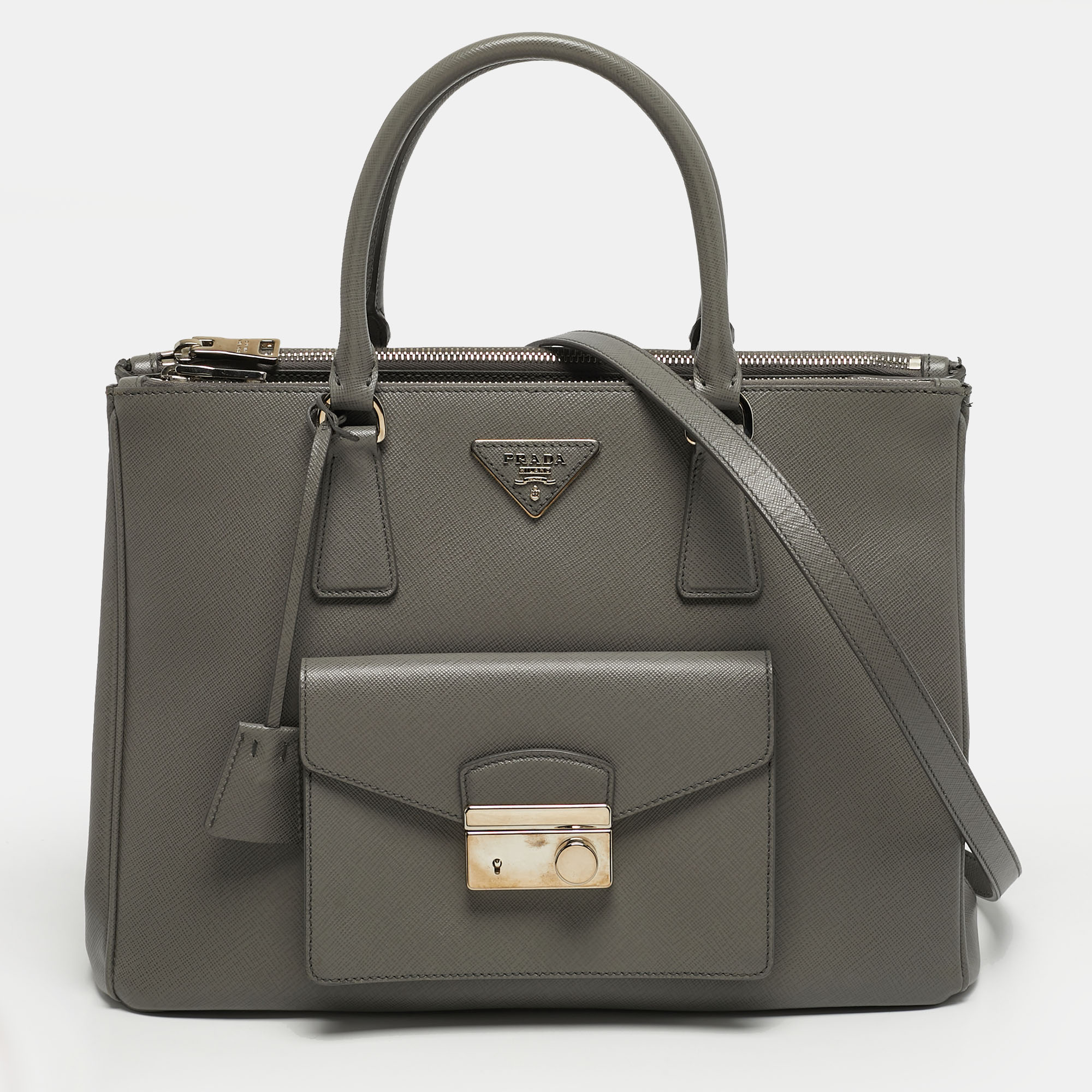 

Prada Front Pocket Double Zip  Saffiano Leather Tote, Grey