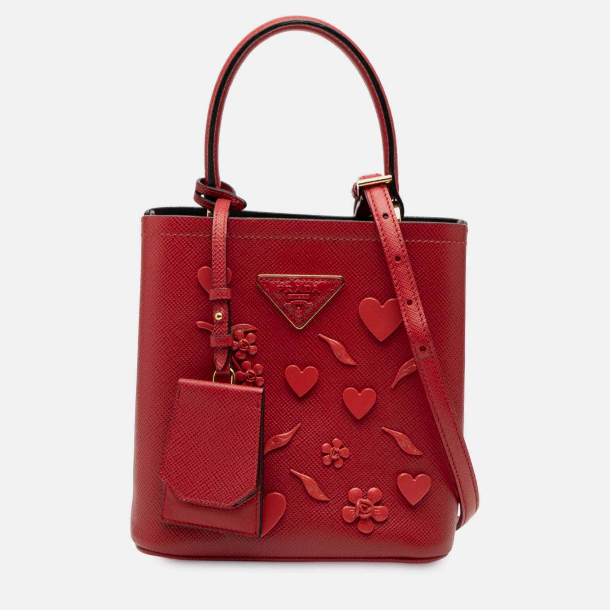 

Prada Red Small Embellished Saffiano Cuir Panier Satchel
