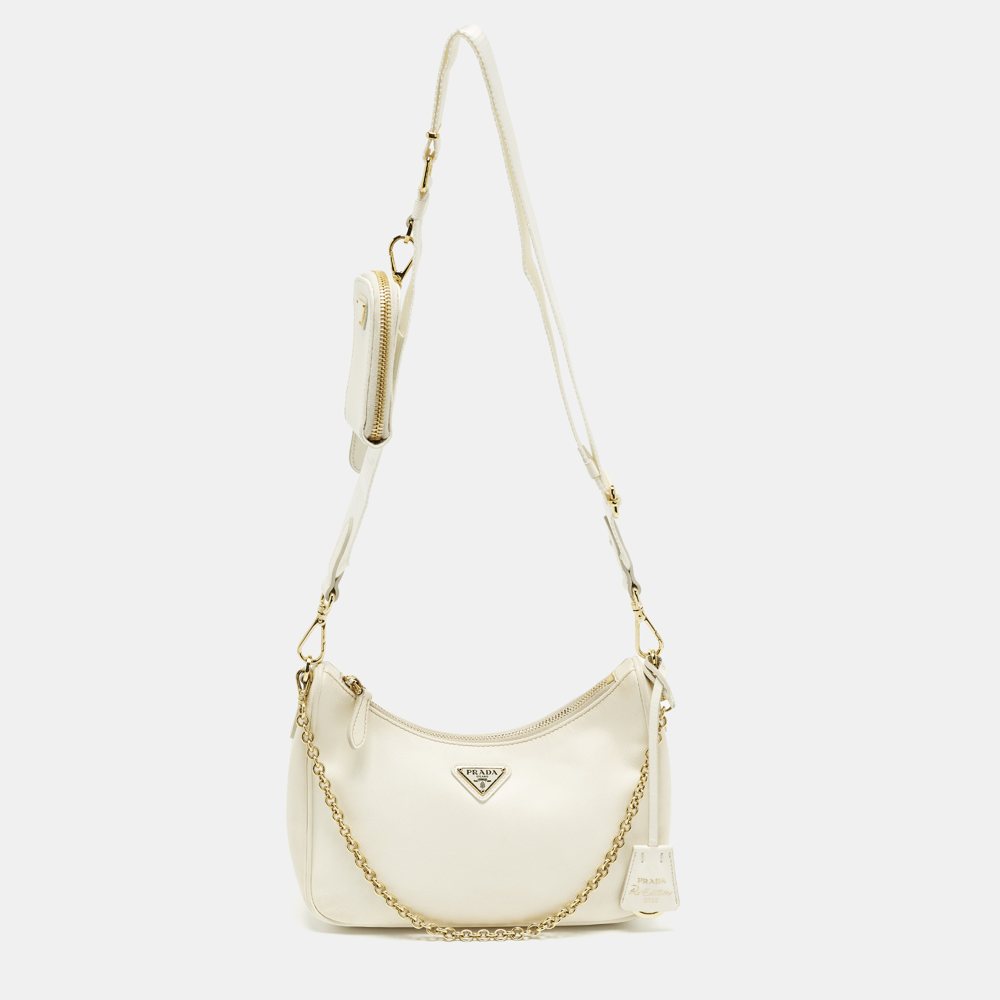 

Prada Re-Edition 2005 Off White Saffiano Lux Leather Shoulder Bag