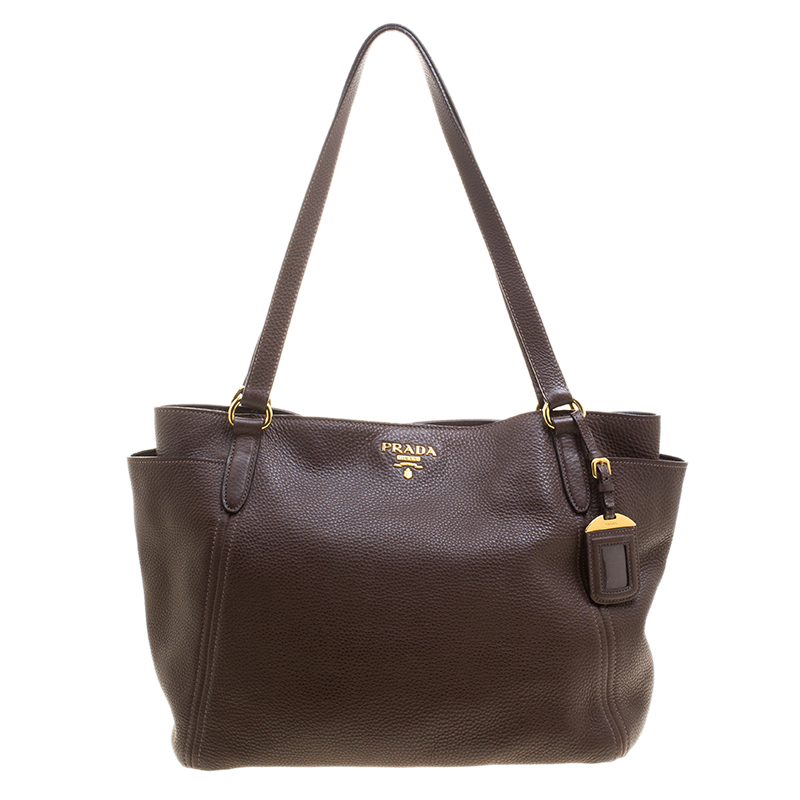 Pre Owned Prada Brown Vitello Daino Leather Shopper Tote