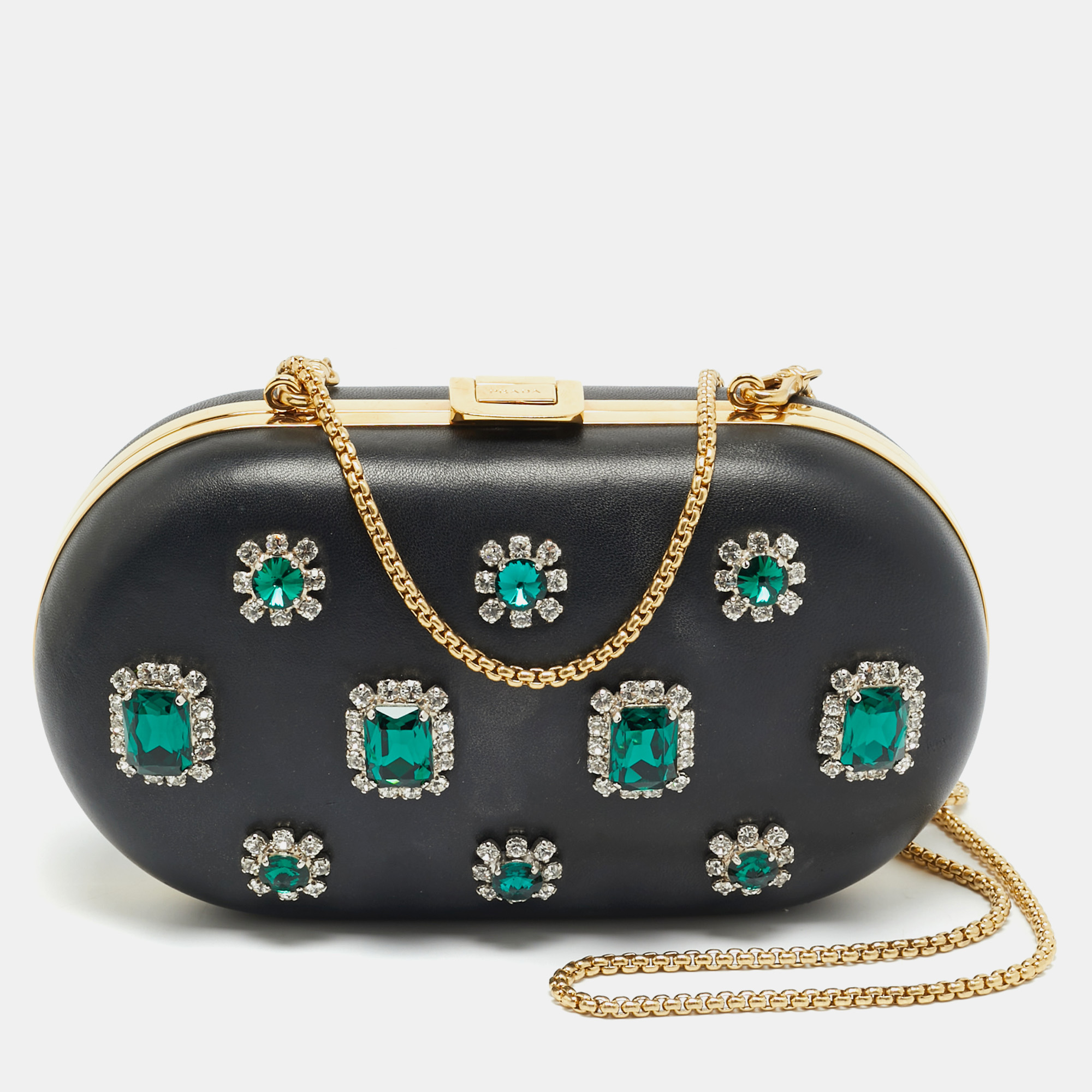 

Prada Crystal Embellished Black Leather Frame Chain Clutch